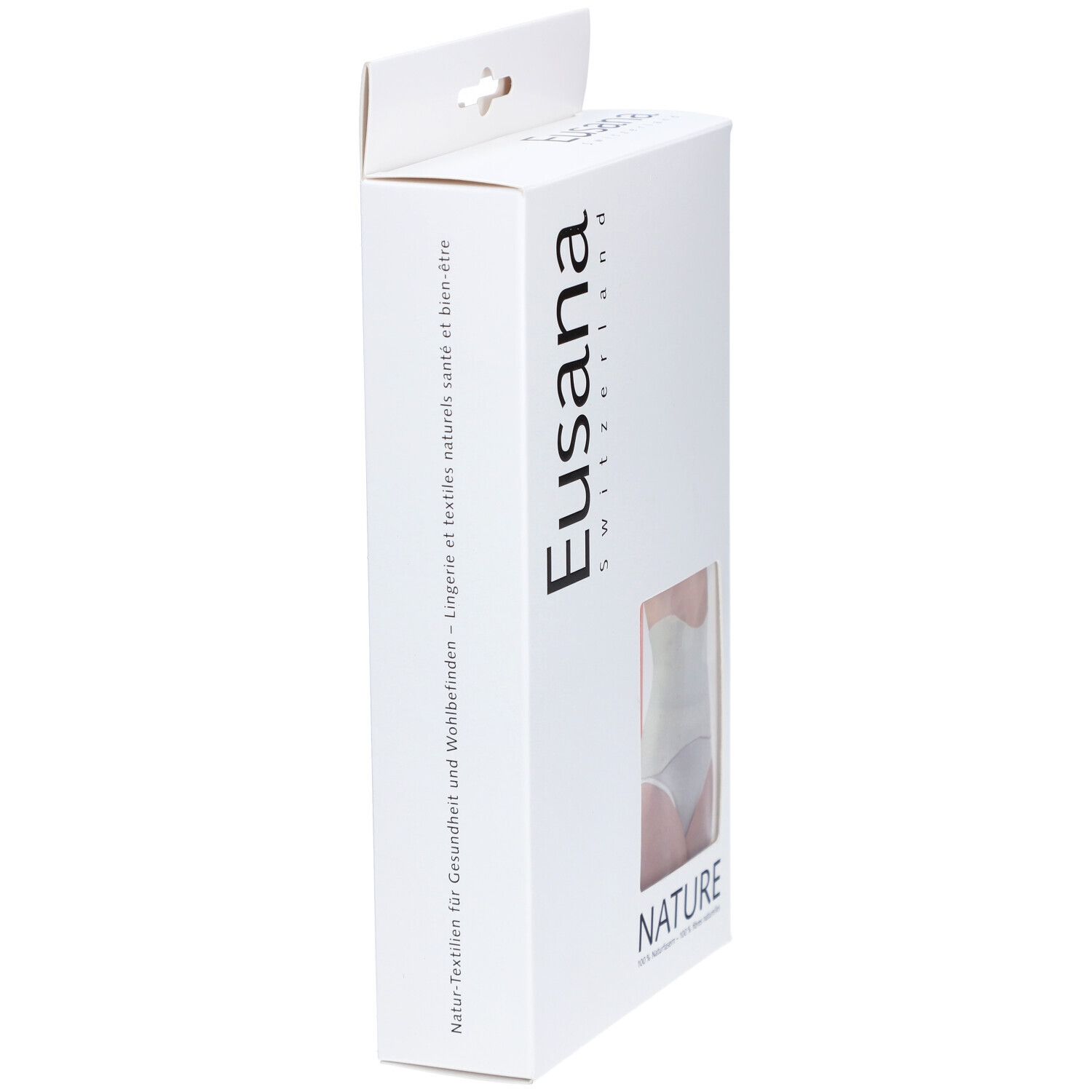 Zijaanzicht van de verpakking. Merk Eusana. Tekst: Natuurlijke textiel voor gezondheid en welzijn.