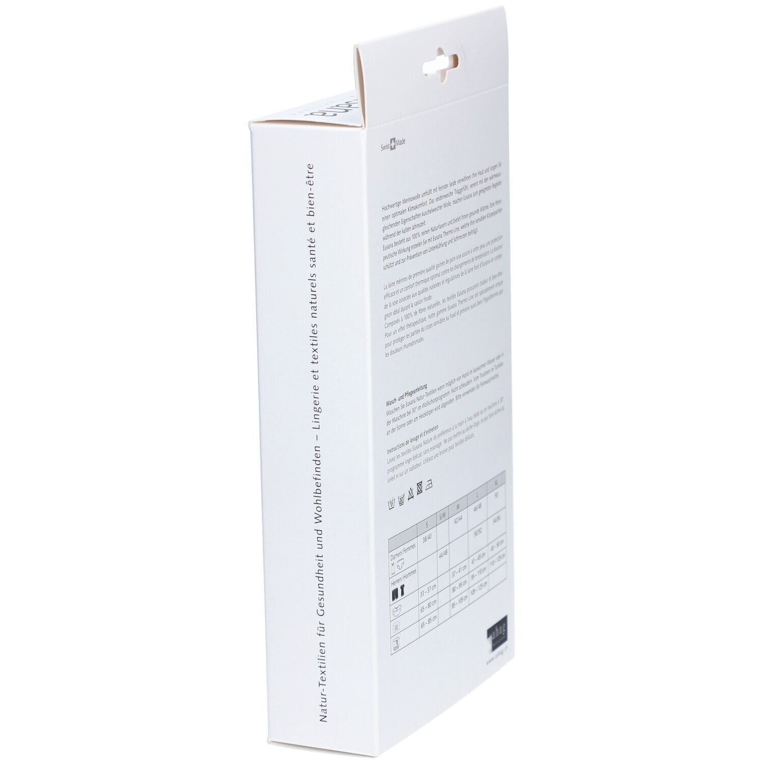 Zijaanzicht verpakking. Tekst: Natuurlijke textiel voor gezondheid en welzijn. Maattabel.