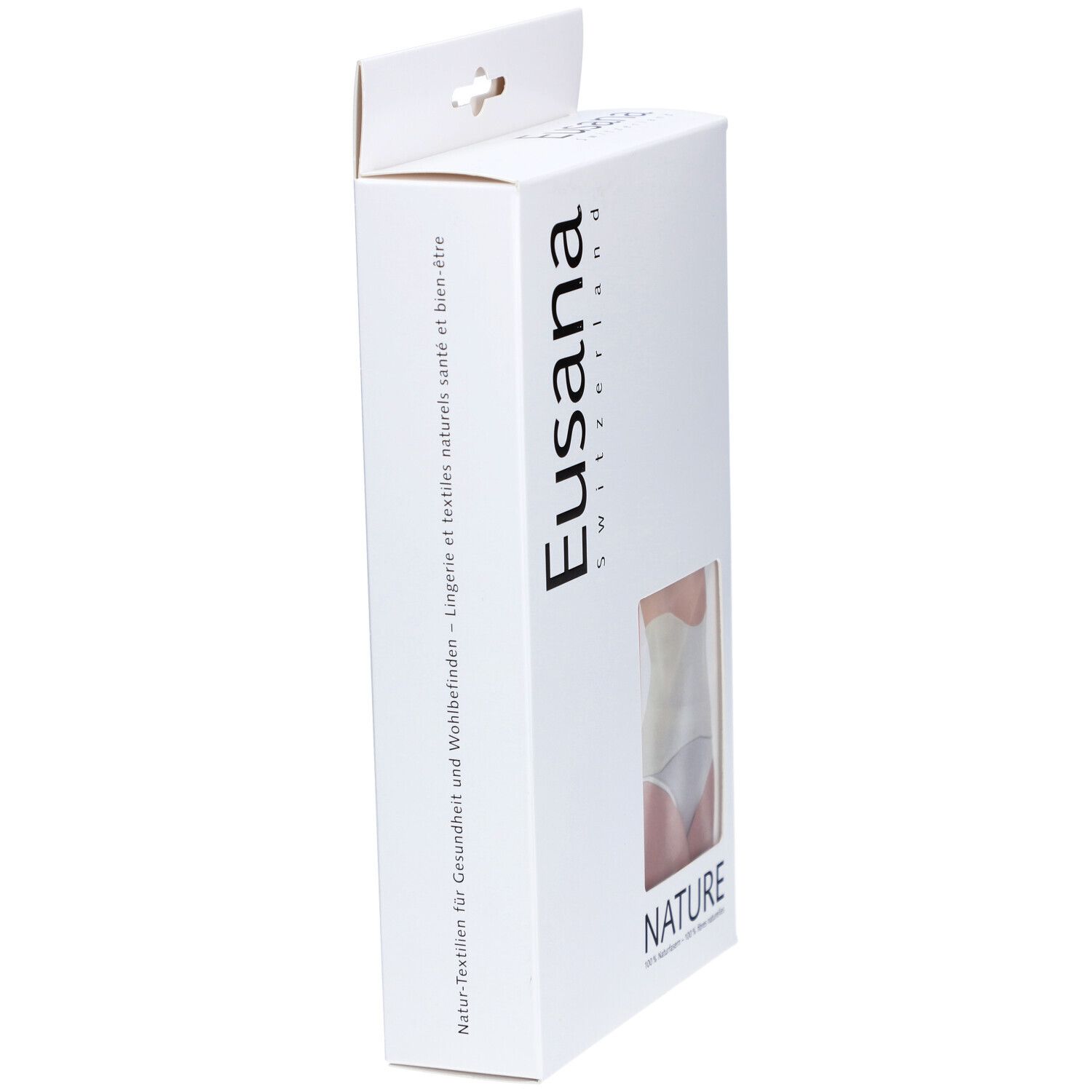 Emballage, marque Eusana. Fenêtre montre le chauffe-reins. Texte: Textiles naturels pour la santé et le bien-être.