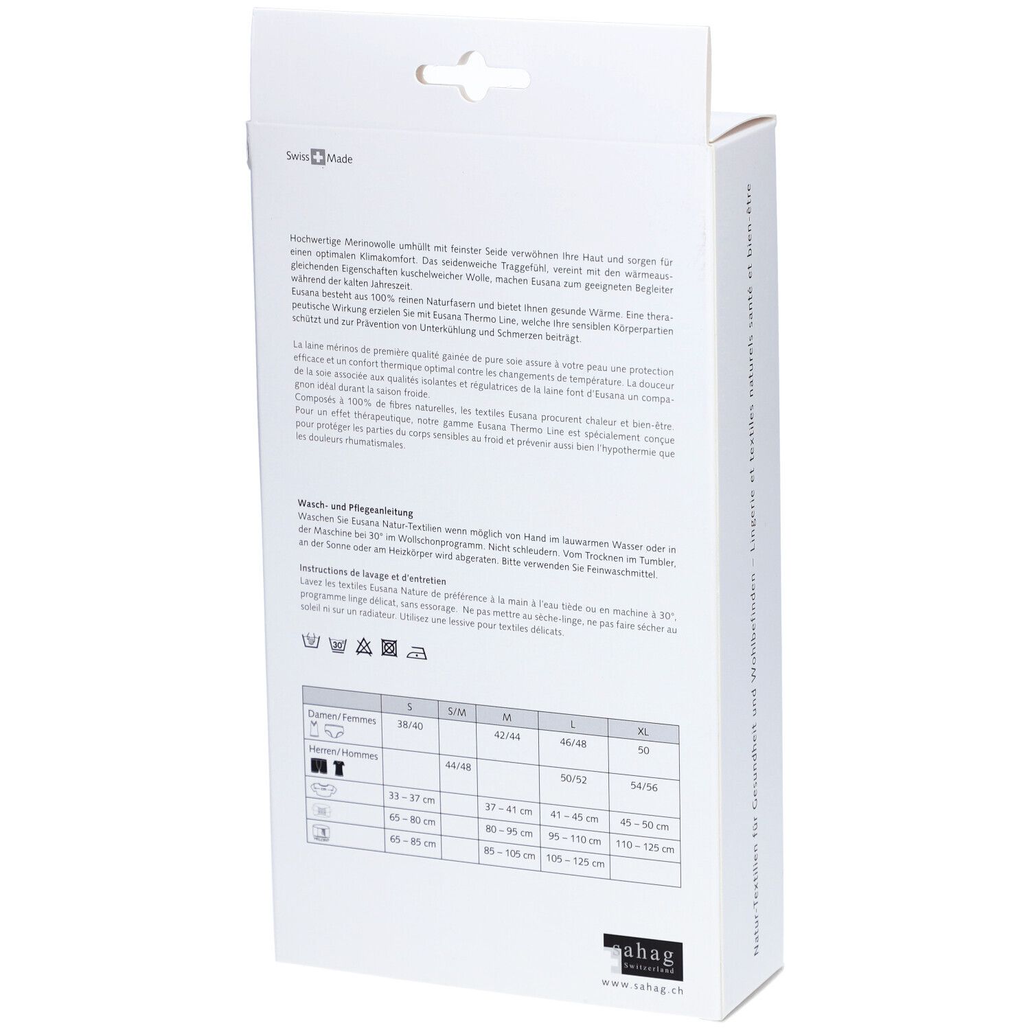 Dos de l'emballage. Texte avec informations produit, conseils d'entretien et tableau des tailles. Swiss Made.