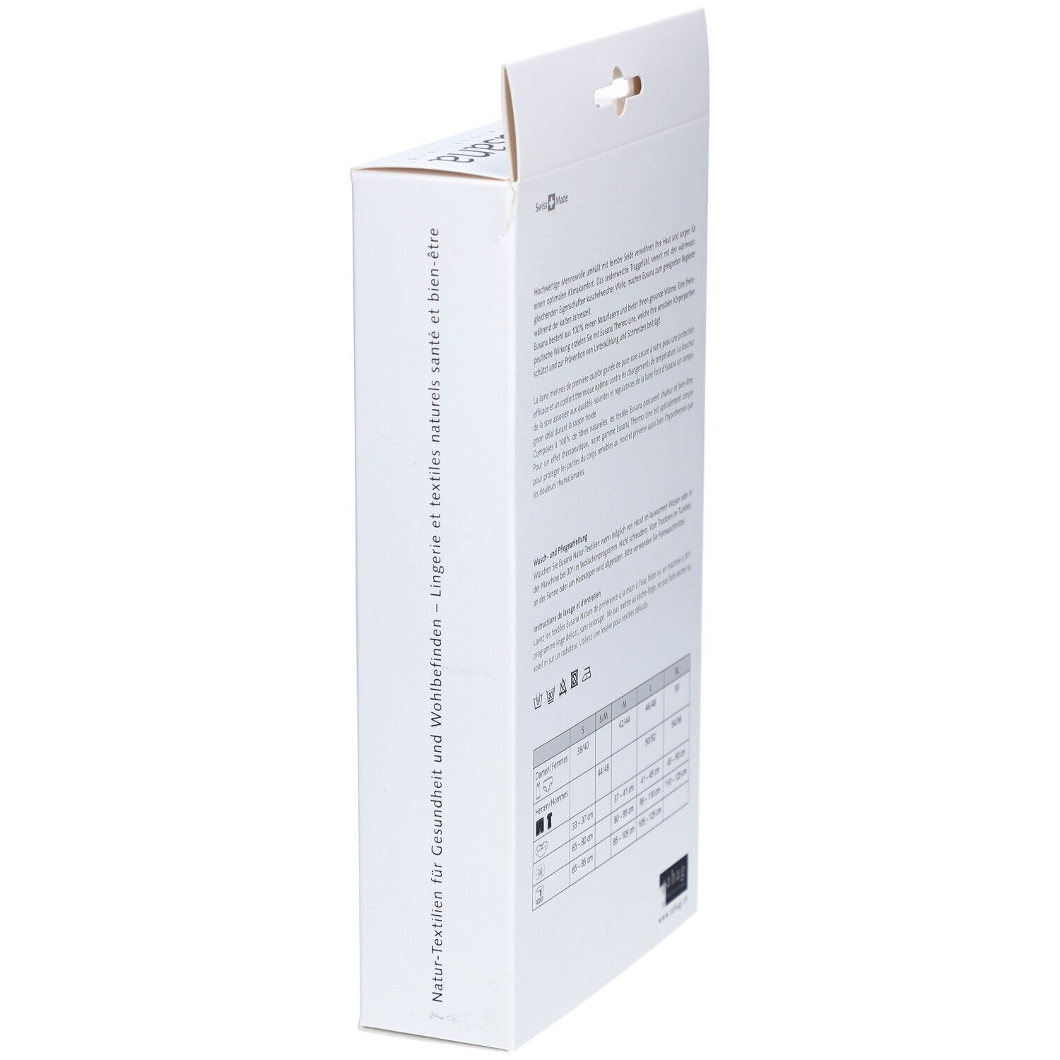 Emballage, marque Eusana. Texte: Textiles naturels pour la santé et le bien-être. Tableau des tailles.