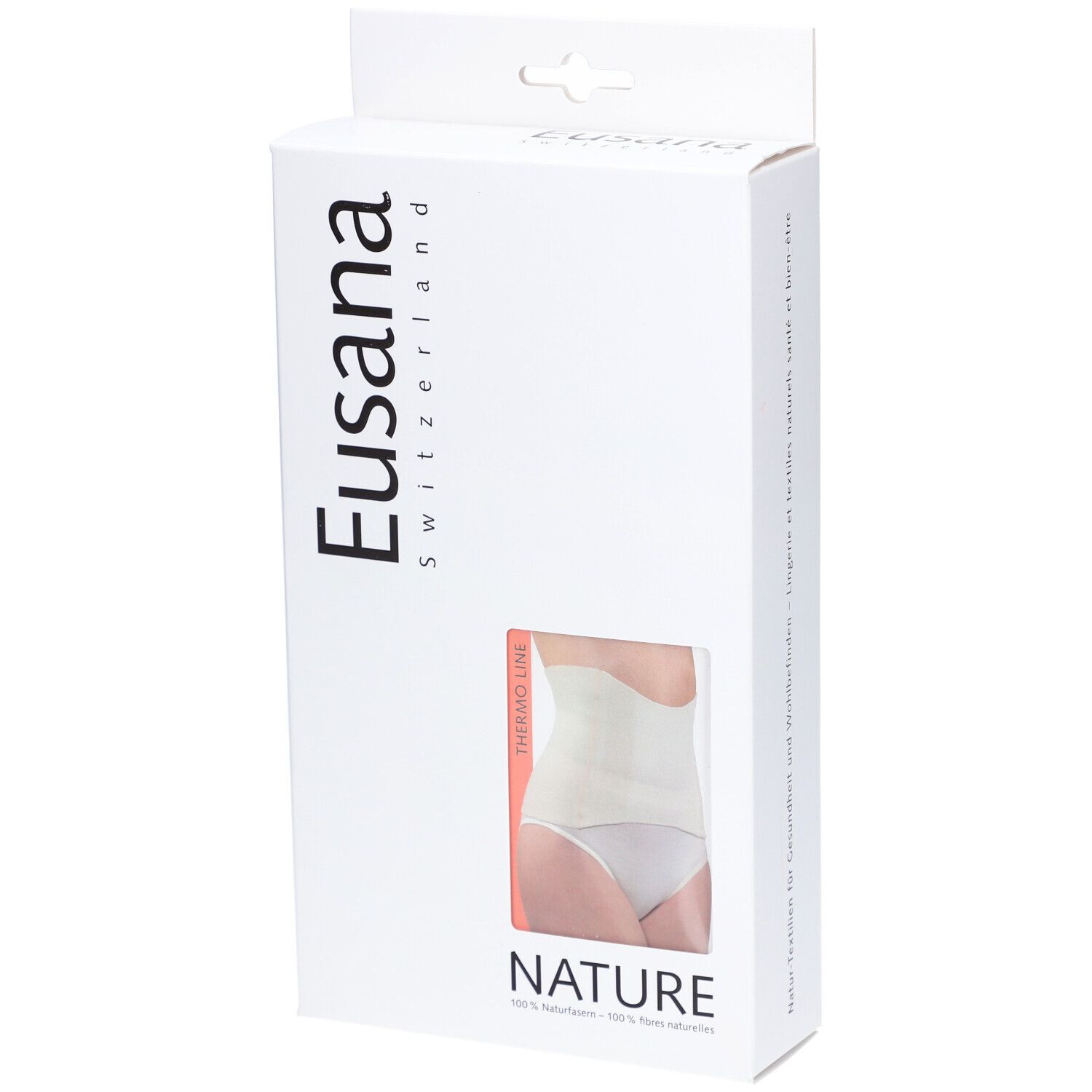 Emballage Eusana Nierenwärmer. Fenêtre montre le produit. Texte: Nature, Thermo Line.