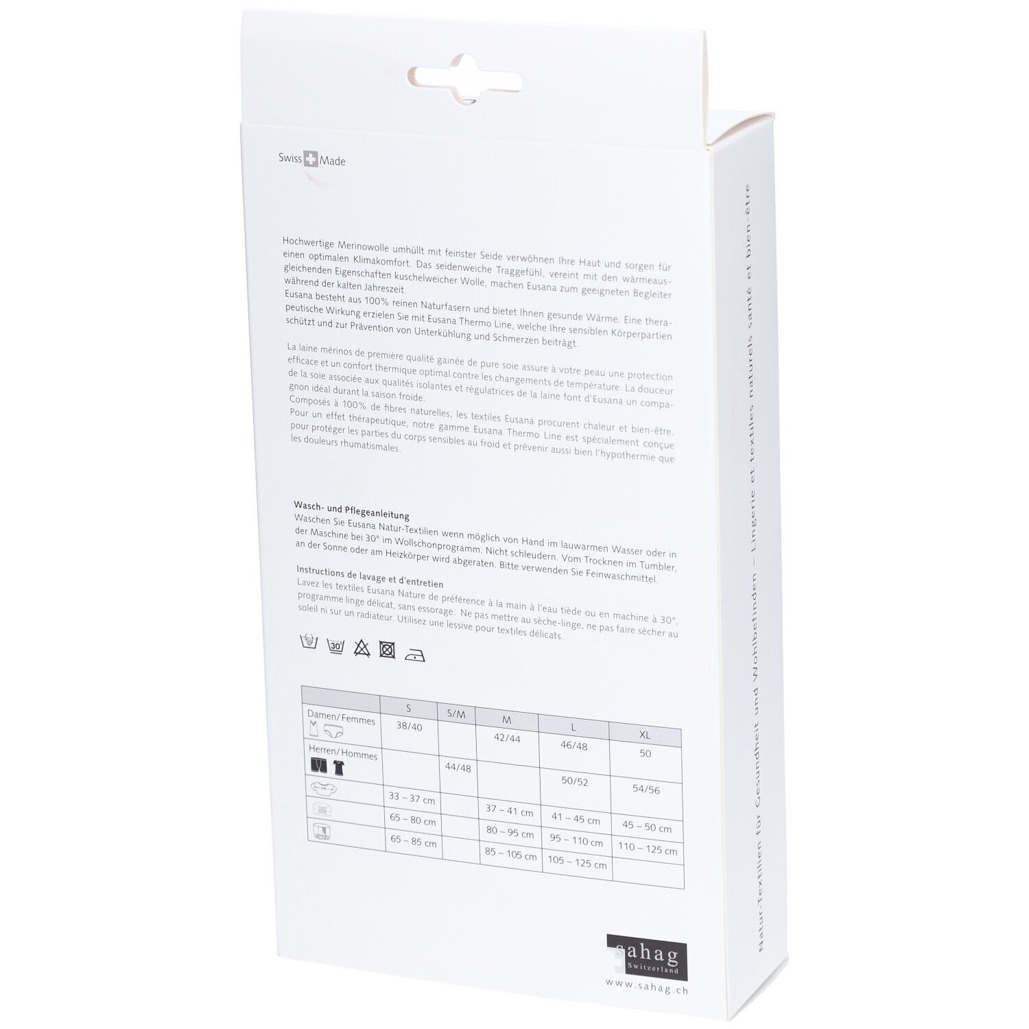Dos de l'emballage. Texte en allemand, français, italien. Tableau des tailles. Symboles de lavage.
