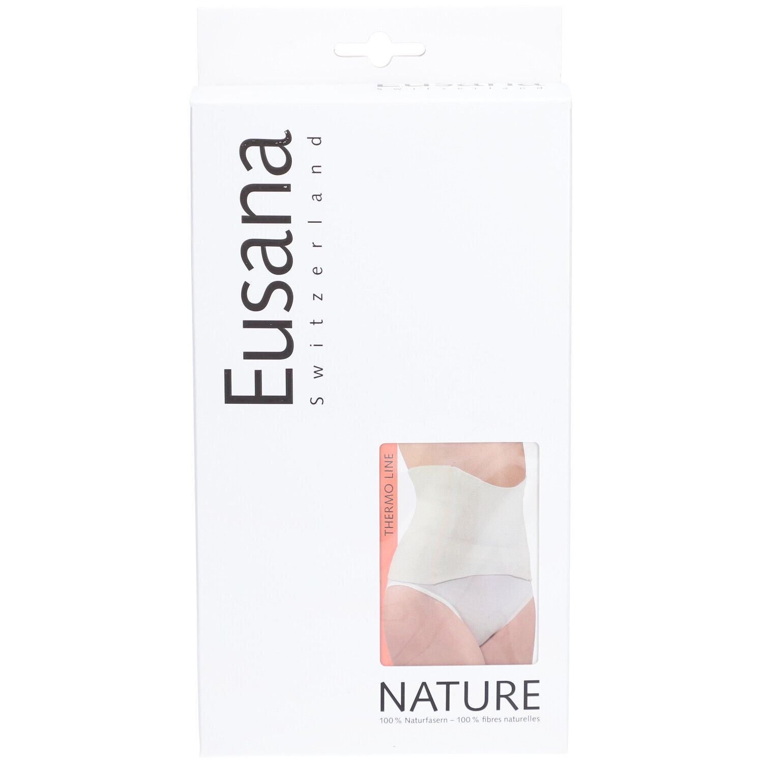 Emballage blanc avec fenêtre. Logo Eusana et illustration du produit. Texte : NATURE, THERMO LINE.