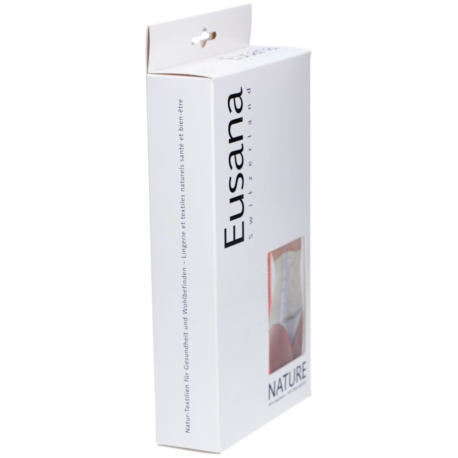 Vue latérale de l'emballage du produit. Marque Eusana, Suisse. Texte : Textiles naturels pour la santé et le bien-être.