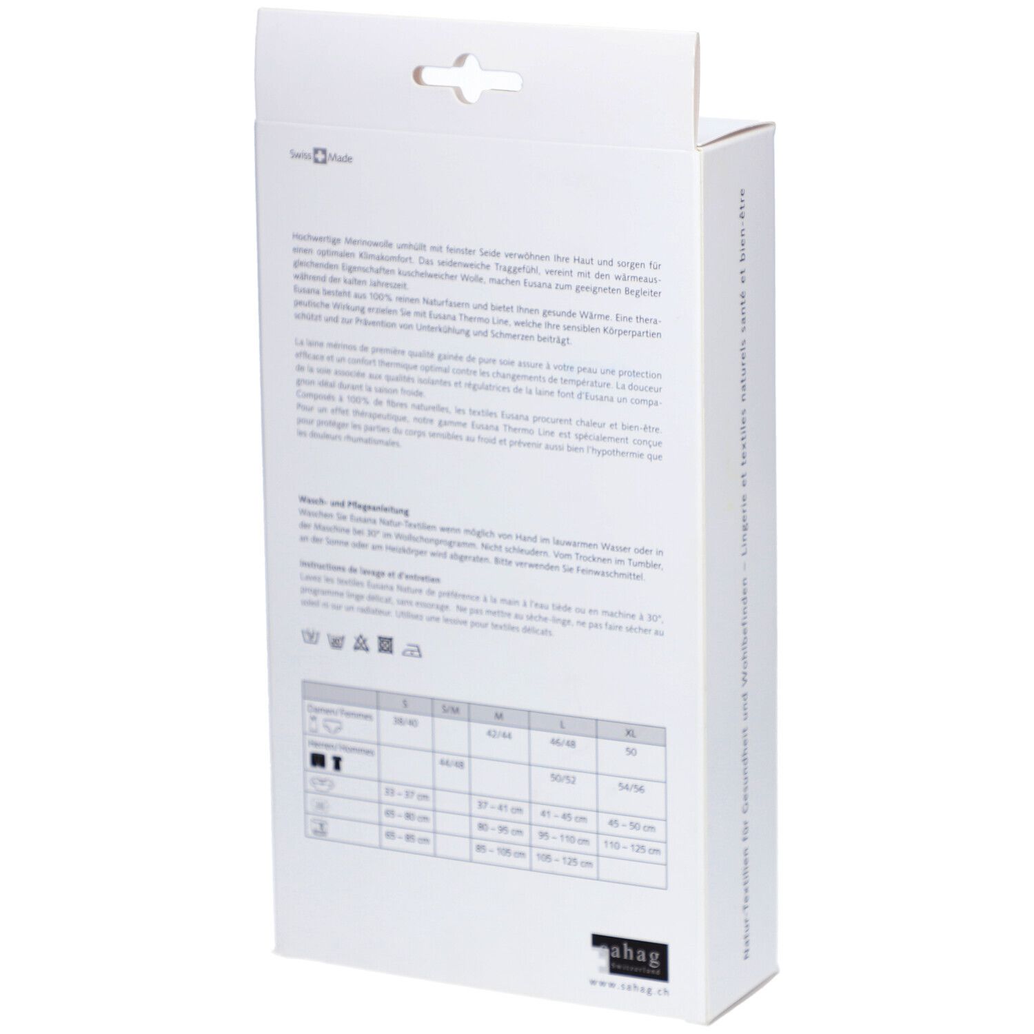 Dos de l'emballage du produit. Texte en plusieurs langues. Tableau des tailles avec mesures. Symboles de lavage.