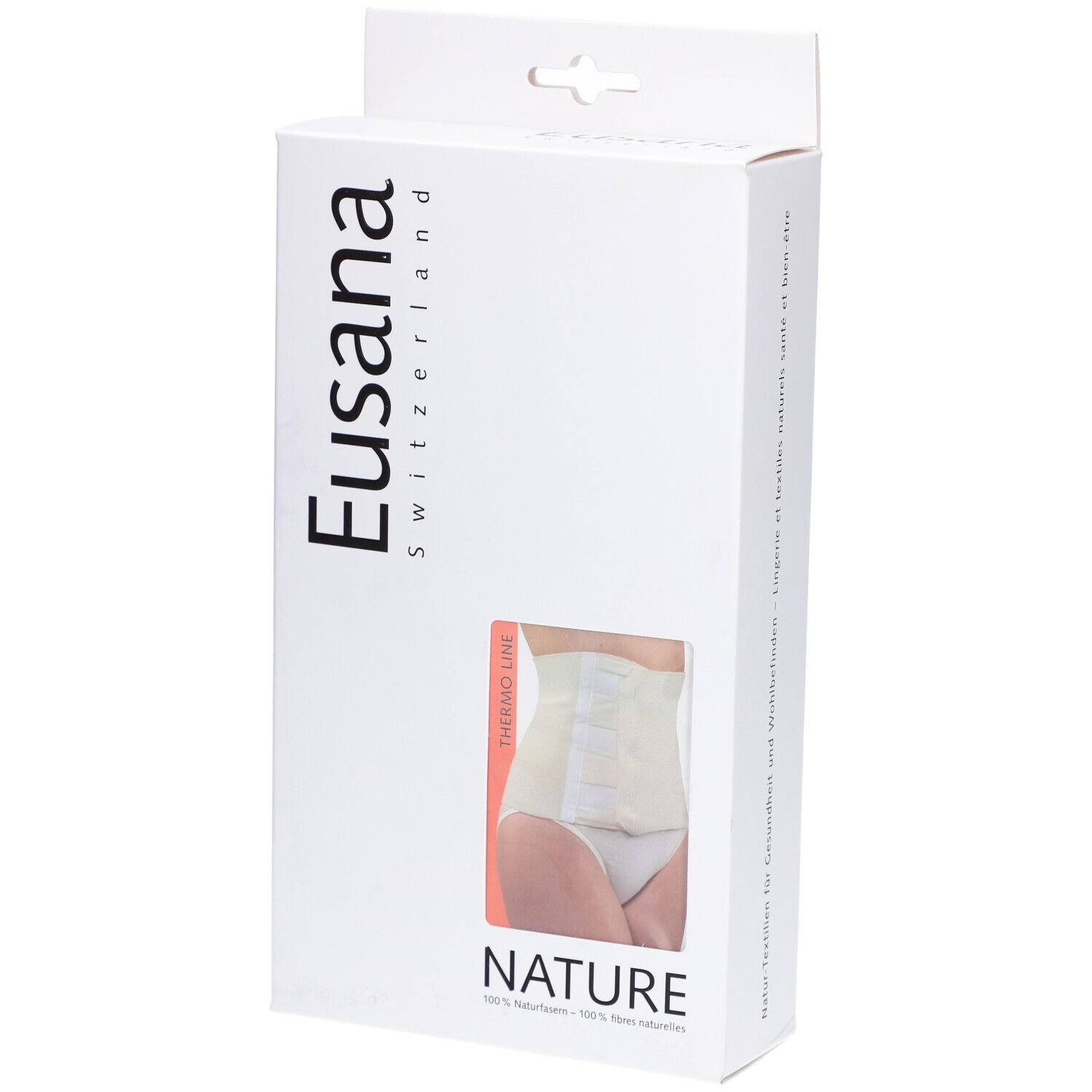 Emballage blanc avec fenêtre. Montre un modèle de ceinture lombaire beige. Marque : Eusana, texte : NATURE.