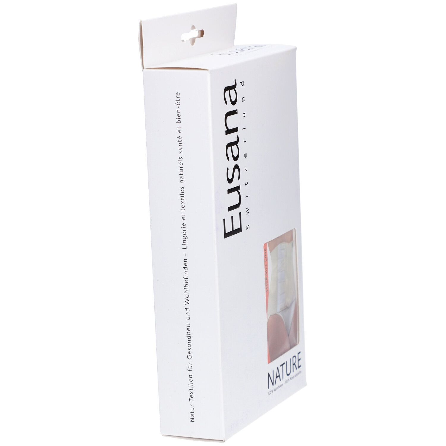 Vue en biais de l'emballage blanc. Marque : Eusana. Fenêtre montrant un modèle de ceinture lombaire beige.