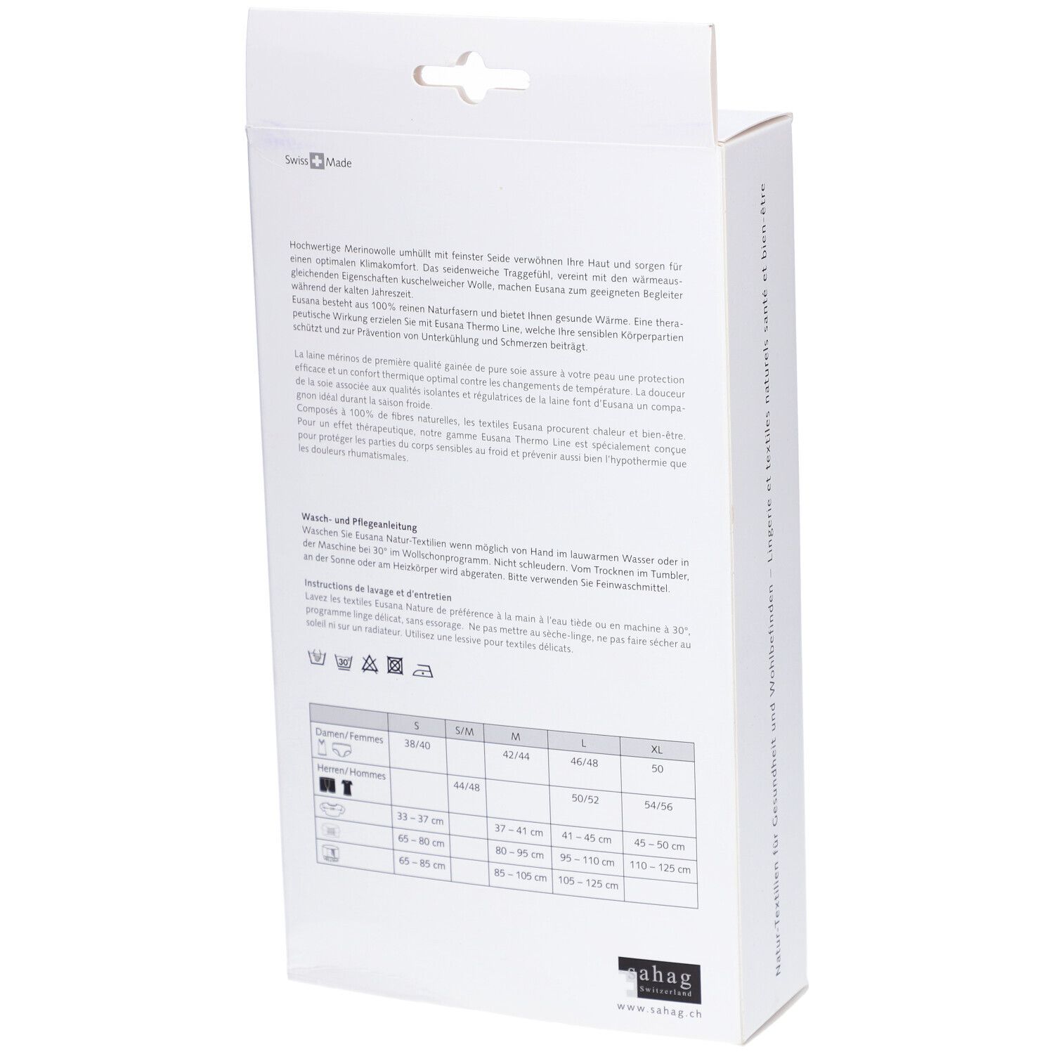 Dos de l'emballage blanc. Texte en allemand, français, italien. Tableau des tailles avec mesures.