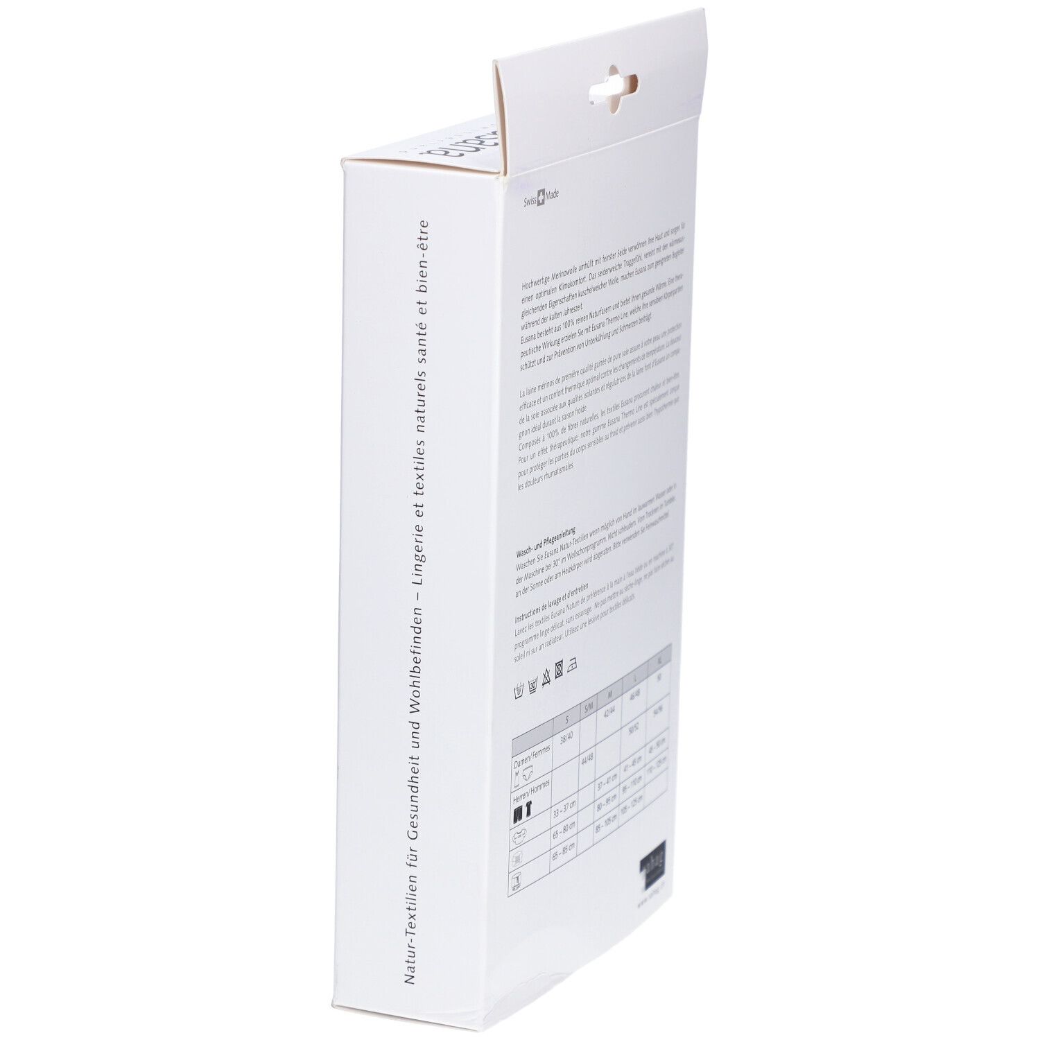 Vue en biais de l'emballage blanc. Texte en allemand, français, italien. Tableau des tailles.