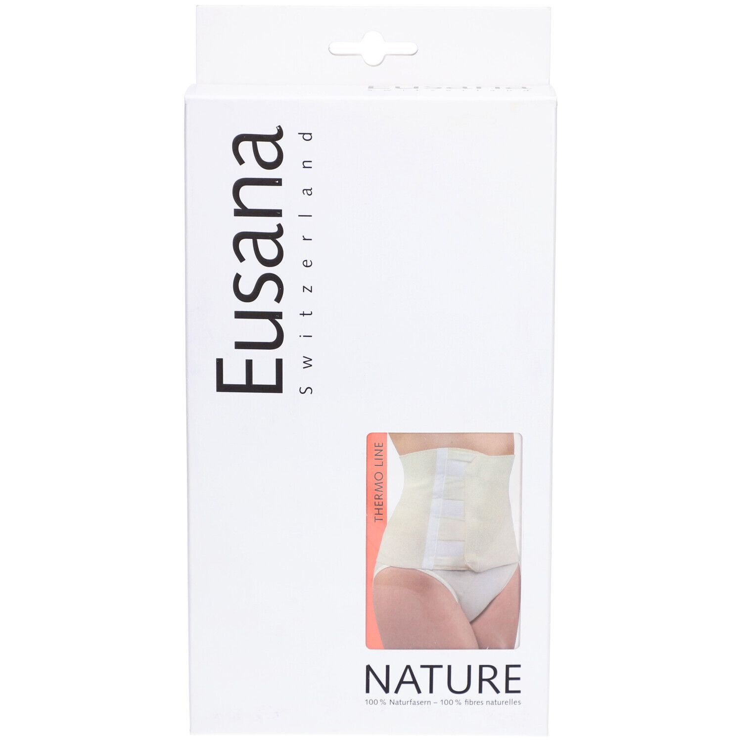 Emballage blanc avec fenêtre. Montre un modèle de ceinture lombaire beige. Marque : Eusana, texte : NATURE.