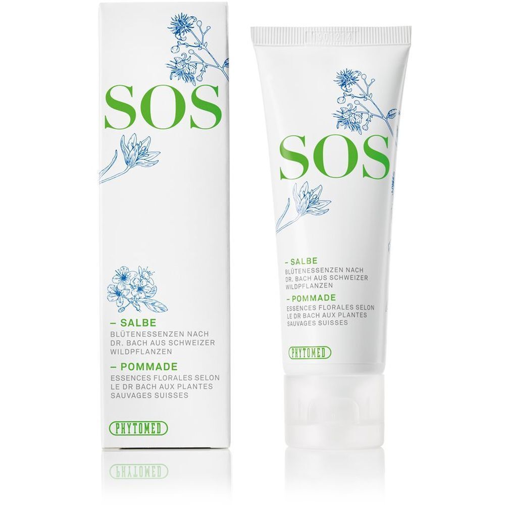 Witte tube en doos met groene tekst SOS. Productnaam: Zalf/Pommade. Merk: PHYTOMED.