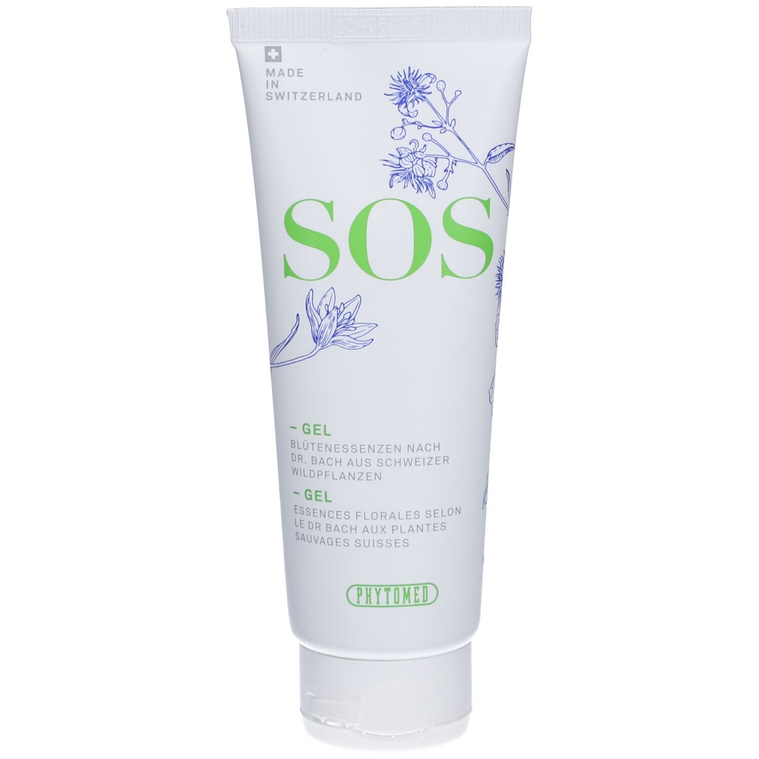 Witte tube met groene "SOS" tekst en bloemenillustraties. Tekst: -Gel, Bloesemessences volgens Dr. Bach. Phytomed logo.