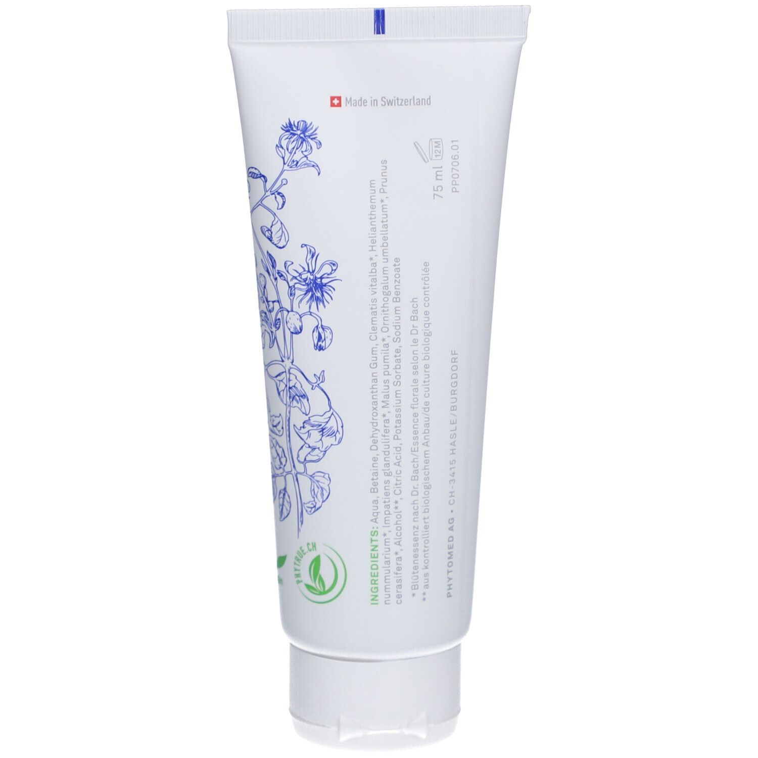 Achterkant van de witte tube. Tekst: Ingrediënten, 75 ml, Phytomed logo, Made in Switzerland. Bloemenillustraties.