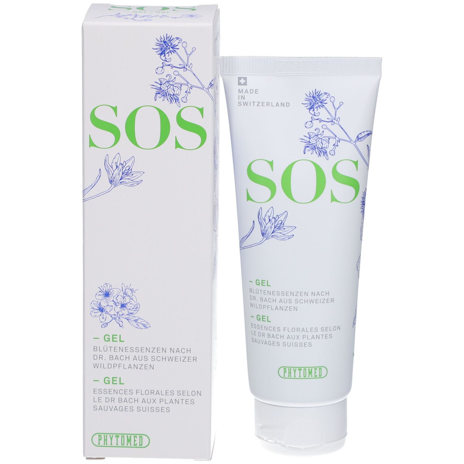 Productverpakking: tube en doos. Doos met "SOS" tekst, bloemenillustraties en tekst. Phytomed logo.