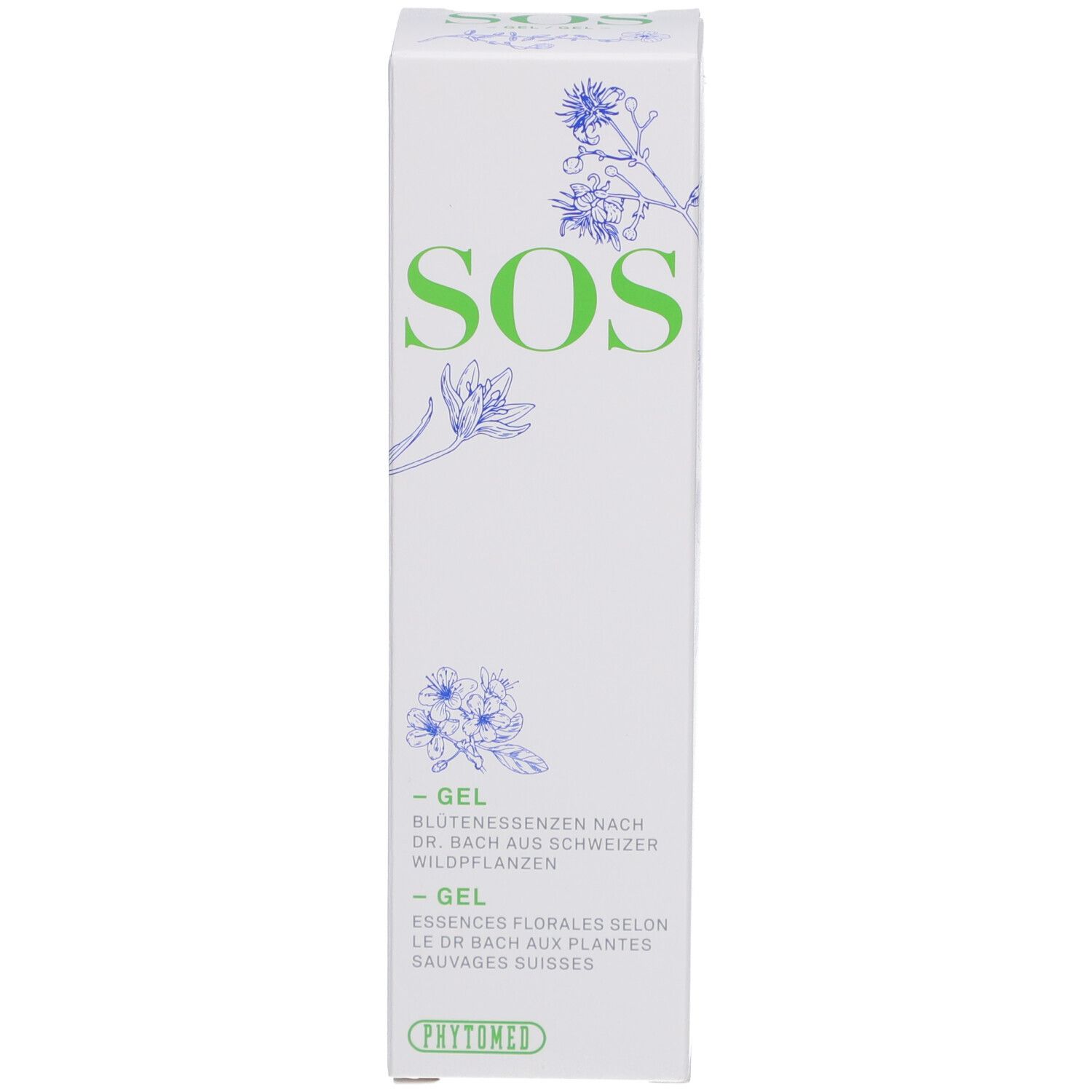 Doos met "SOS" tekst, bloemenillustraties en tekst. Tekst: -Gel, Bloesemessences volgens Dr. Bach. Phytomed logo.