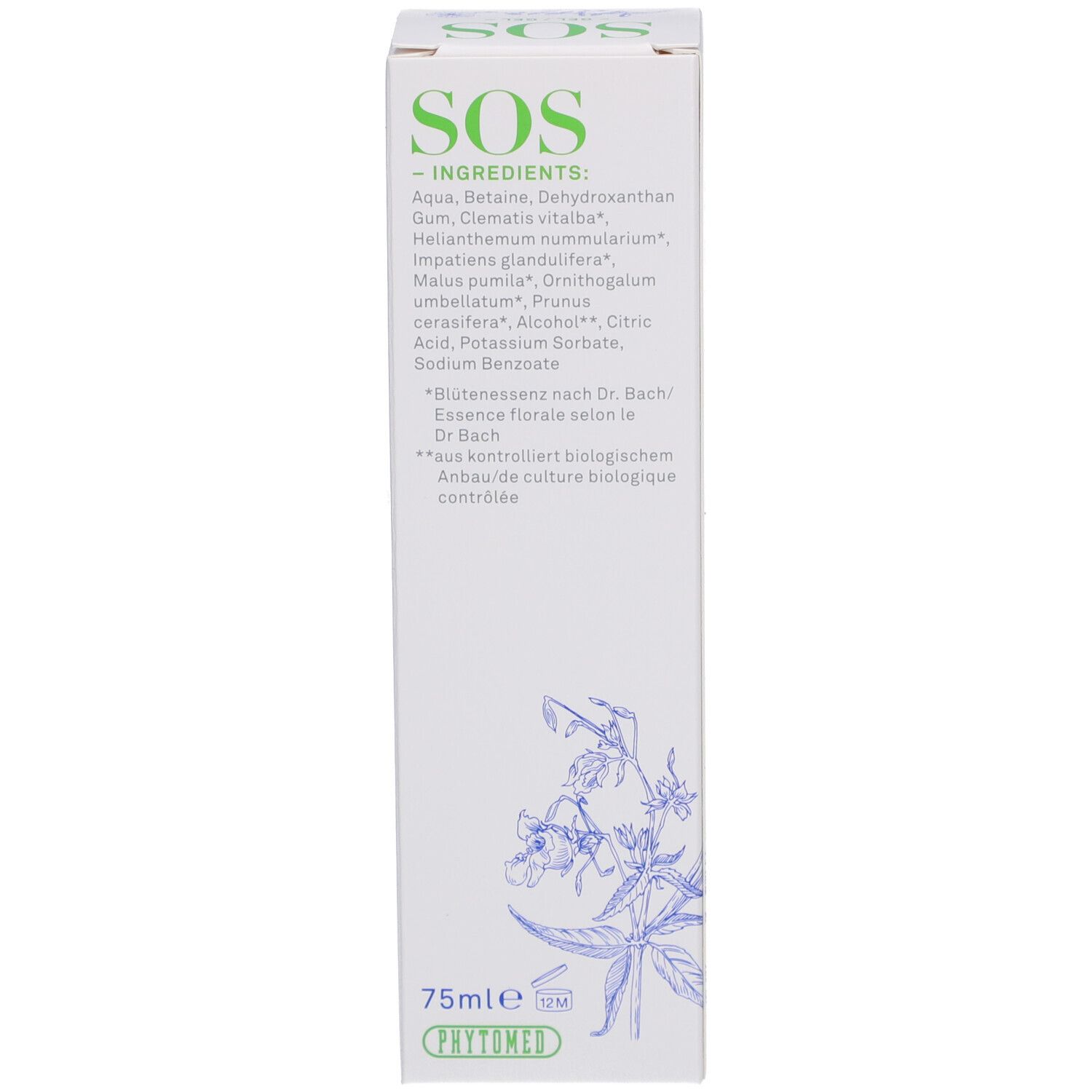 Zijaanzicht van de doos. Tekst: Ingrediënten, 75ml, Bloesemessences volgens Dr. Bach. Phytomed logo. Biologische controle.