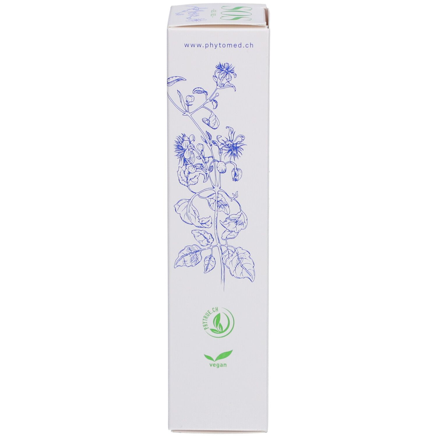 Zijaanzicht van de doos. Bloemenillustraties, tekst: www.phytomed.ch, vegan. Logo.