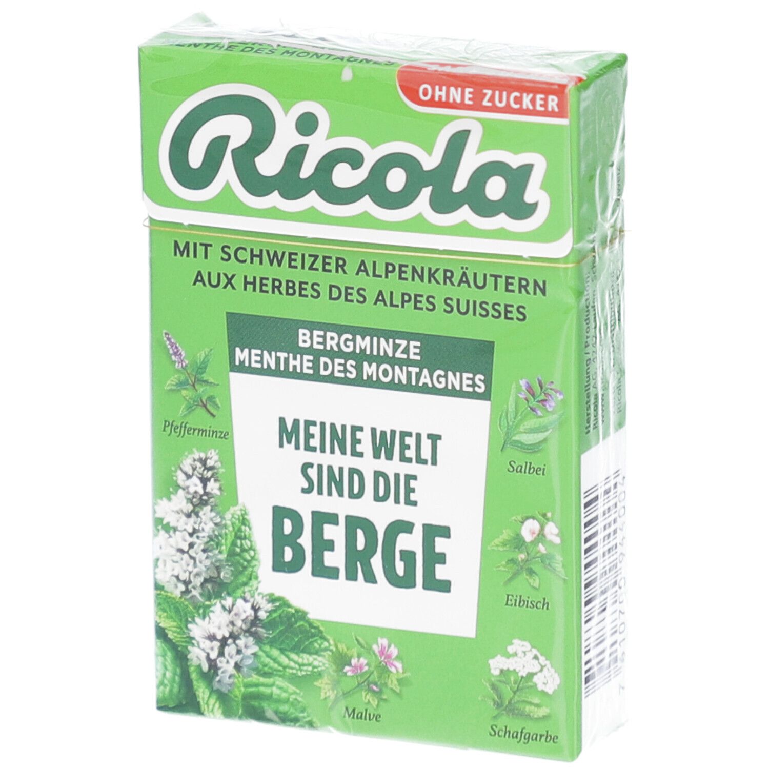 Groene verpakking met Ricola-logo en Bergminze-snoepjes. Tekst: Zonder suiker, met Zwitserse alpenkruiden. Eén snoepje zichtbaar.