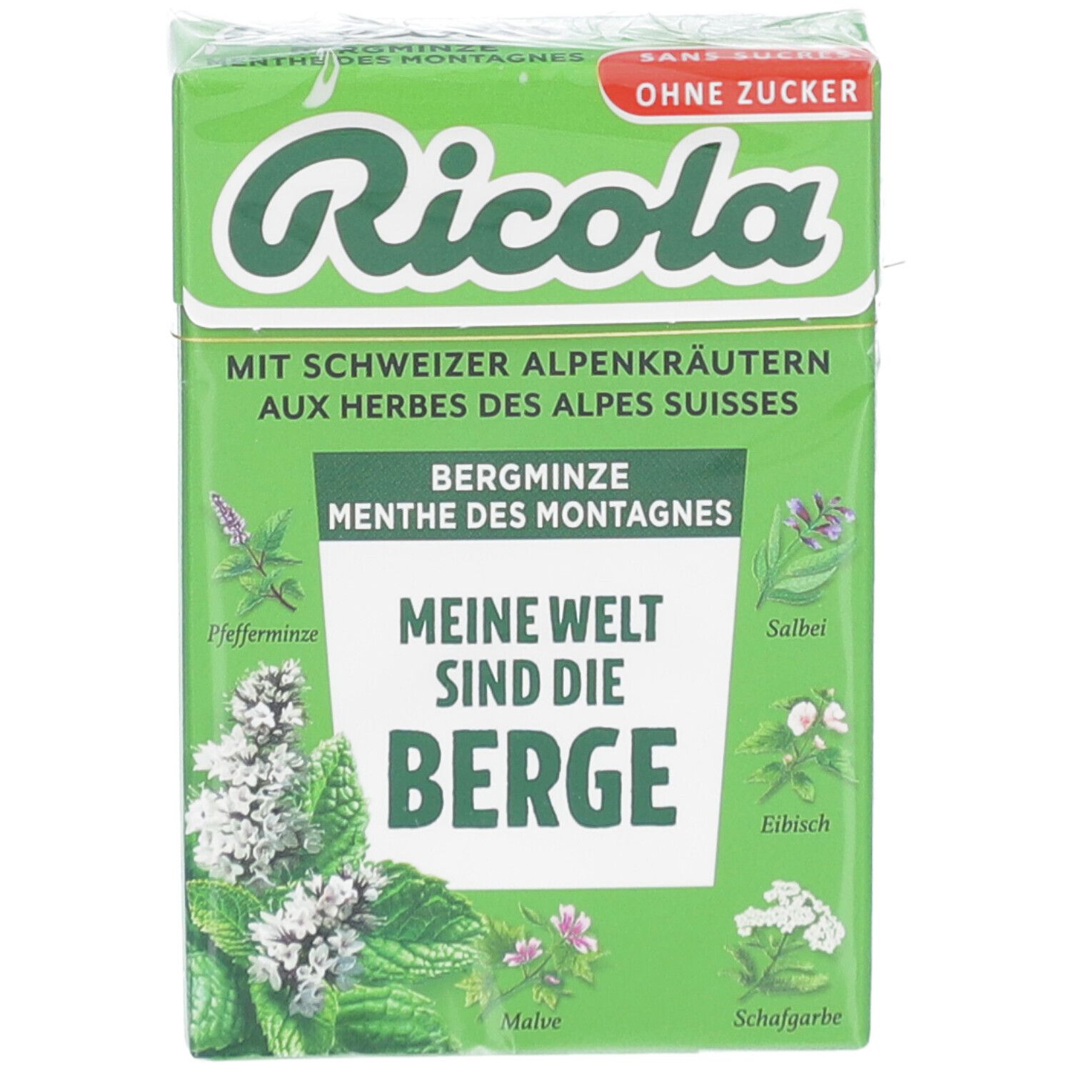 Groene verpakking met Ricola-logo en Bergminze-snoepjes. Tekst: Zonder suiker, met Zwitserse alpenkruiden. Eén snoepje zichtbaar.