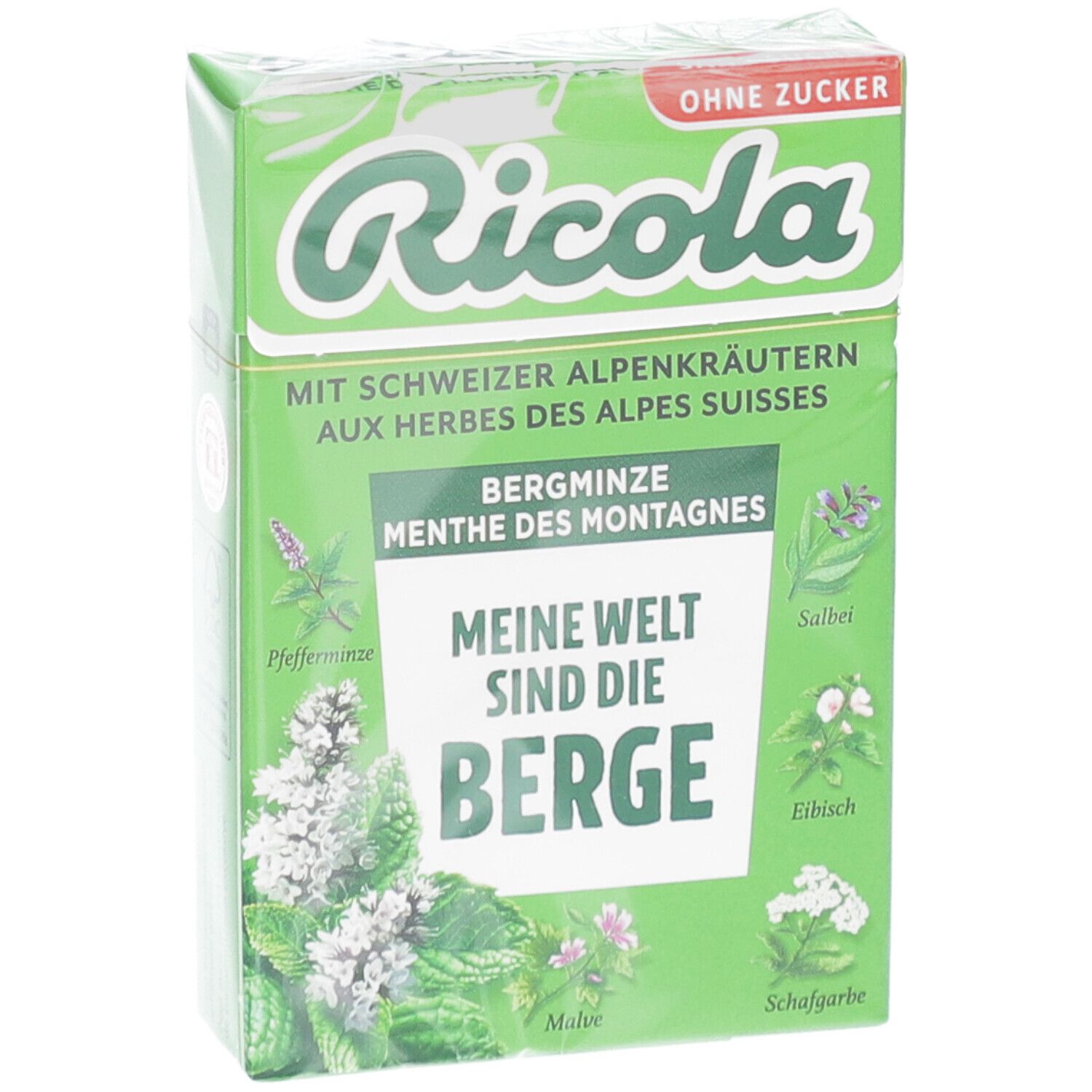 Groene verpakking met Ricola-logo en Bergminze-snoepjes. Tekst: Zonder suiker, met Zwitserse alpenkruiden. Eén snoepje zichtbaar.