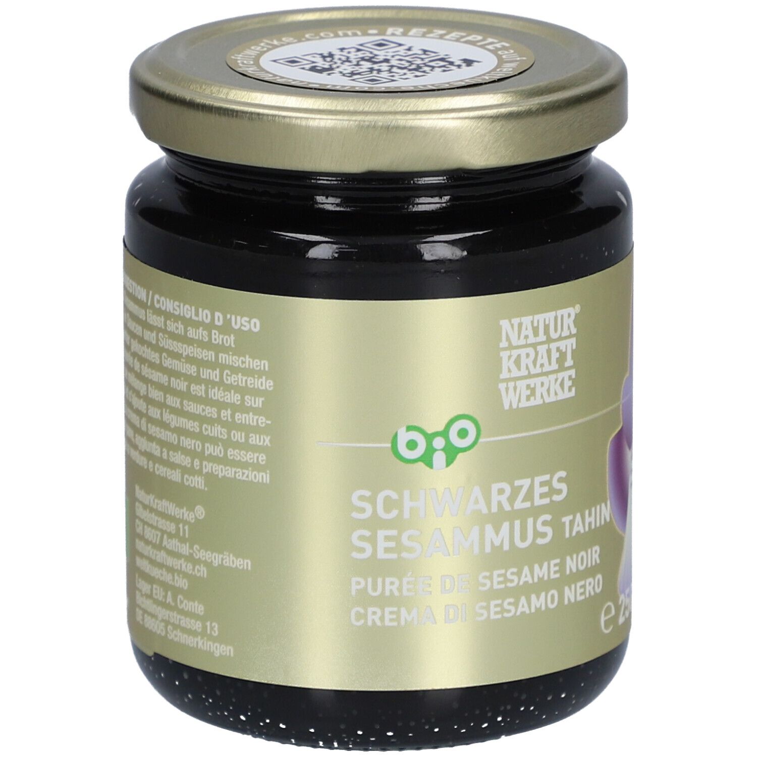 Pot de purée de sésame. Couvercle doré, étiquette avec nom du produit et label bio.