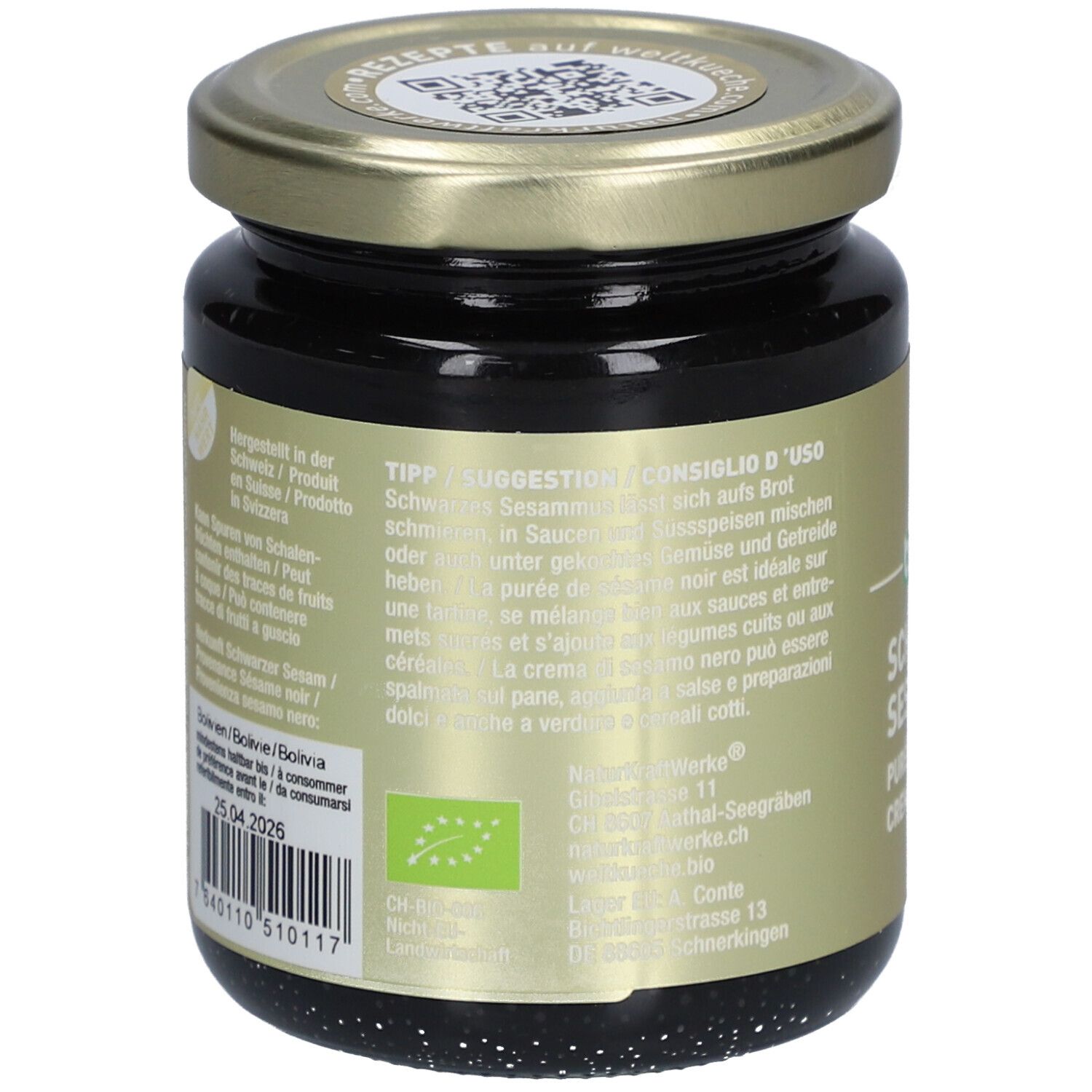 Vue arrière du pot de purée de sésame. Texte avec conseils d'utilisation et label bio.