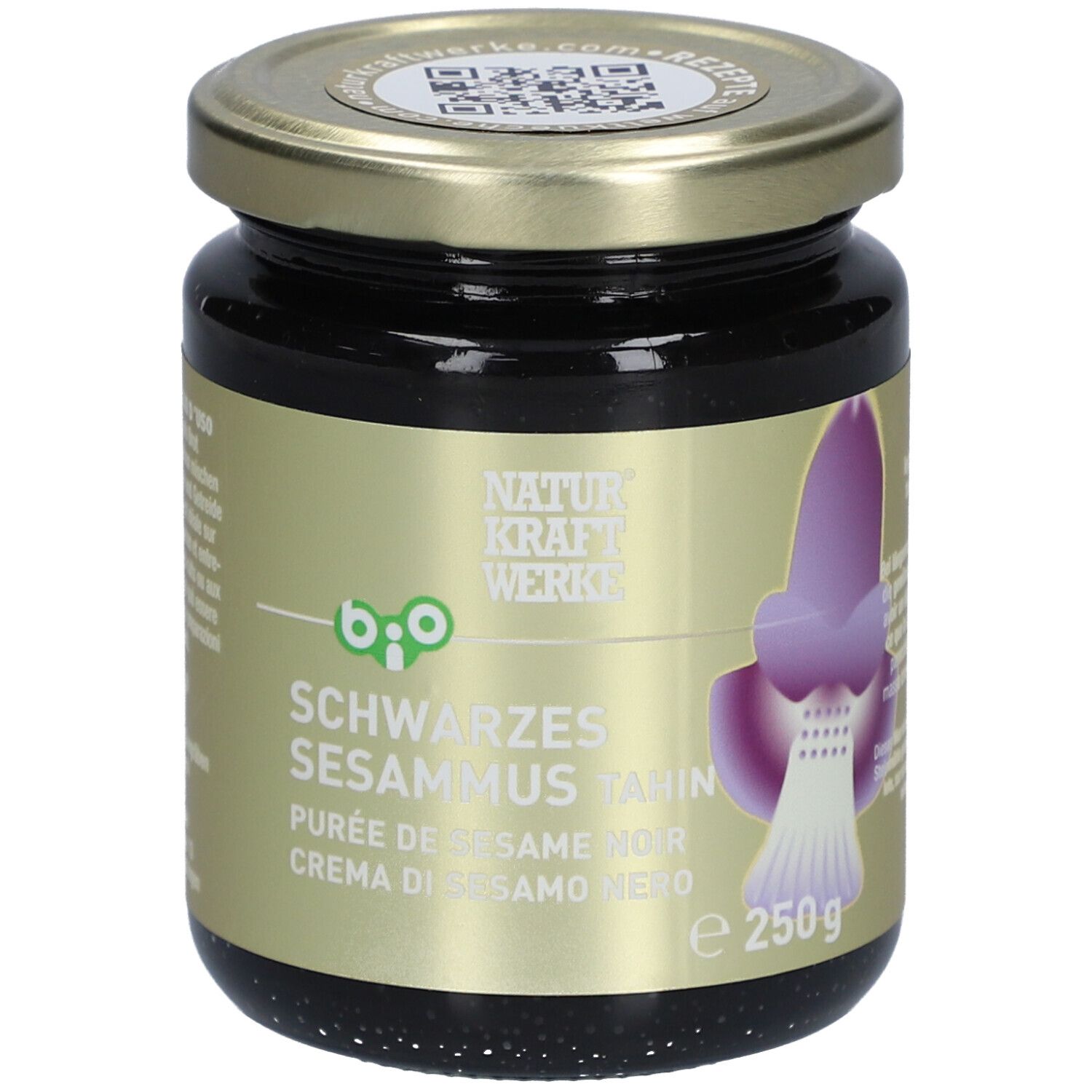 Pot de purée de sésame. Couvercle doré, étiquette avec nom, label bio et motif floral.