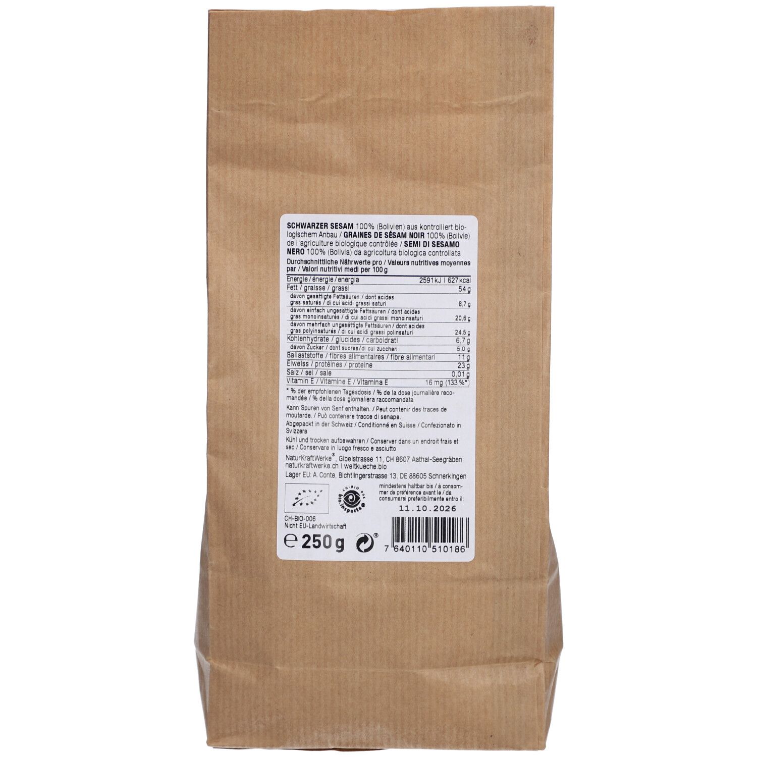 Dos du sac en papier brun. Contient des informations nutritionnelles et un label bio. Inscription : Schwarzer Sesam. Poids : 250 g.
