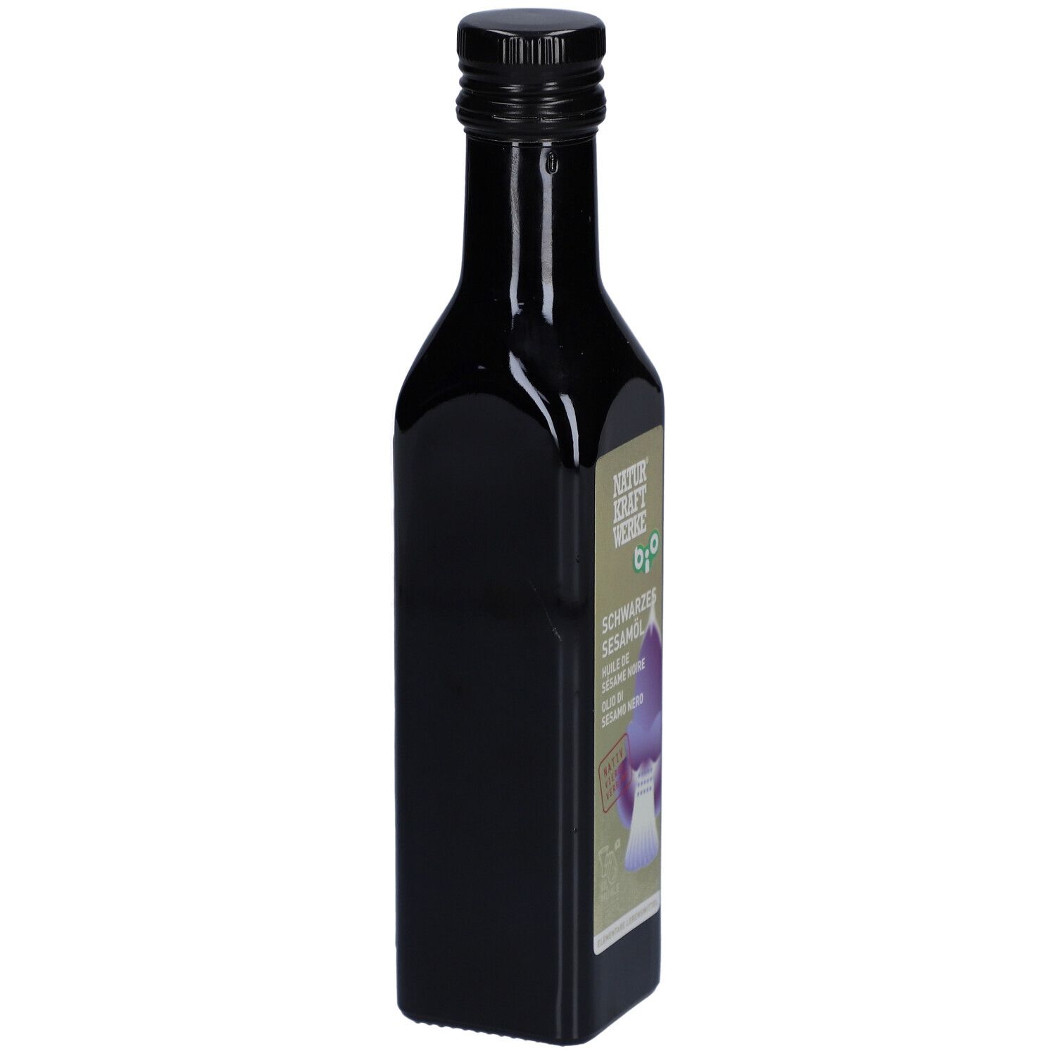 Zwarte glazen fles met zwarte dop. Etiket met productnaam en logo.