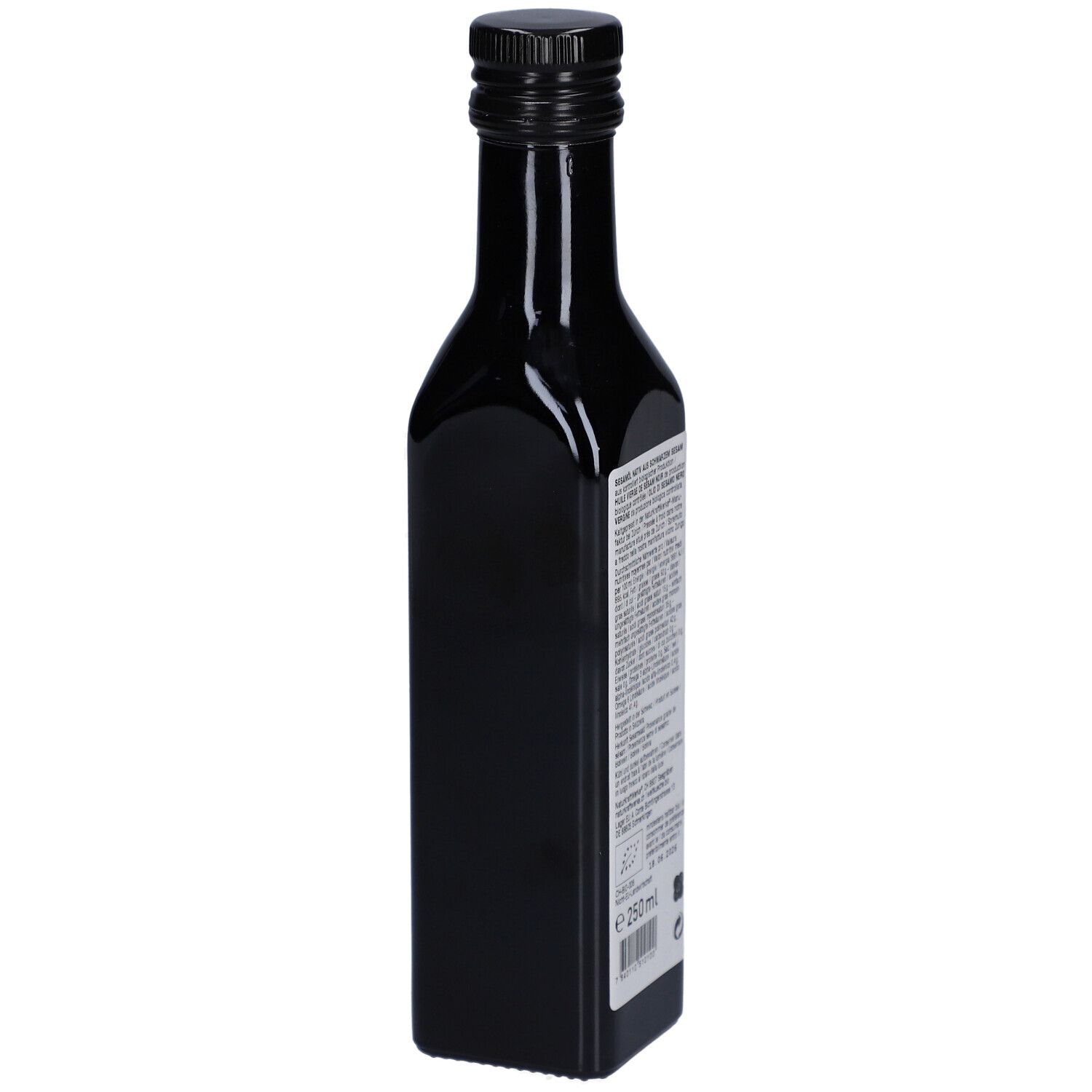 Achterkant van een zwarte glazen fles met tekstlabel. Bevat productinformatie en certificeringen.