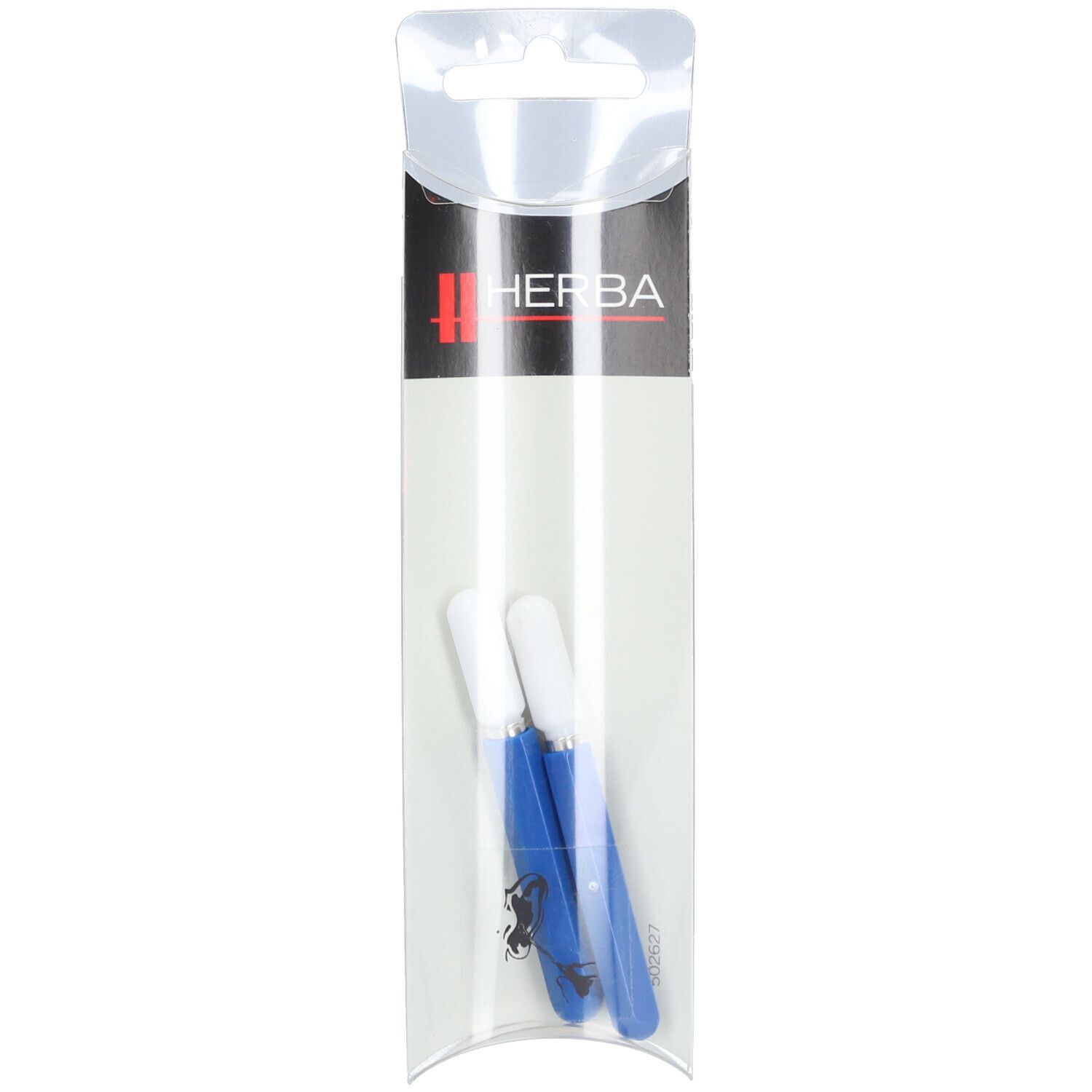 Twee blauwe oorreinigers met witte uiteinden in transparante verpakking. Bovenin logo HERBA.