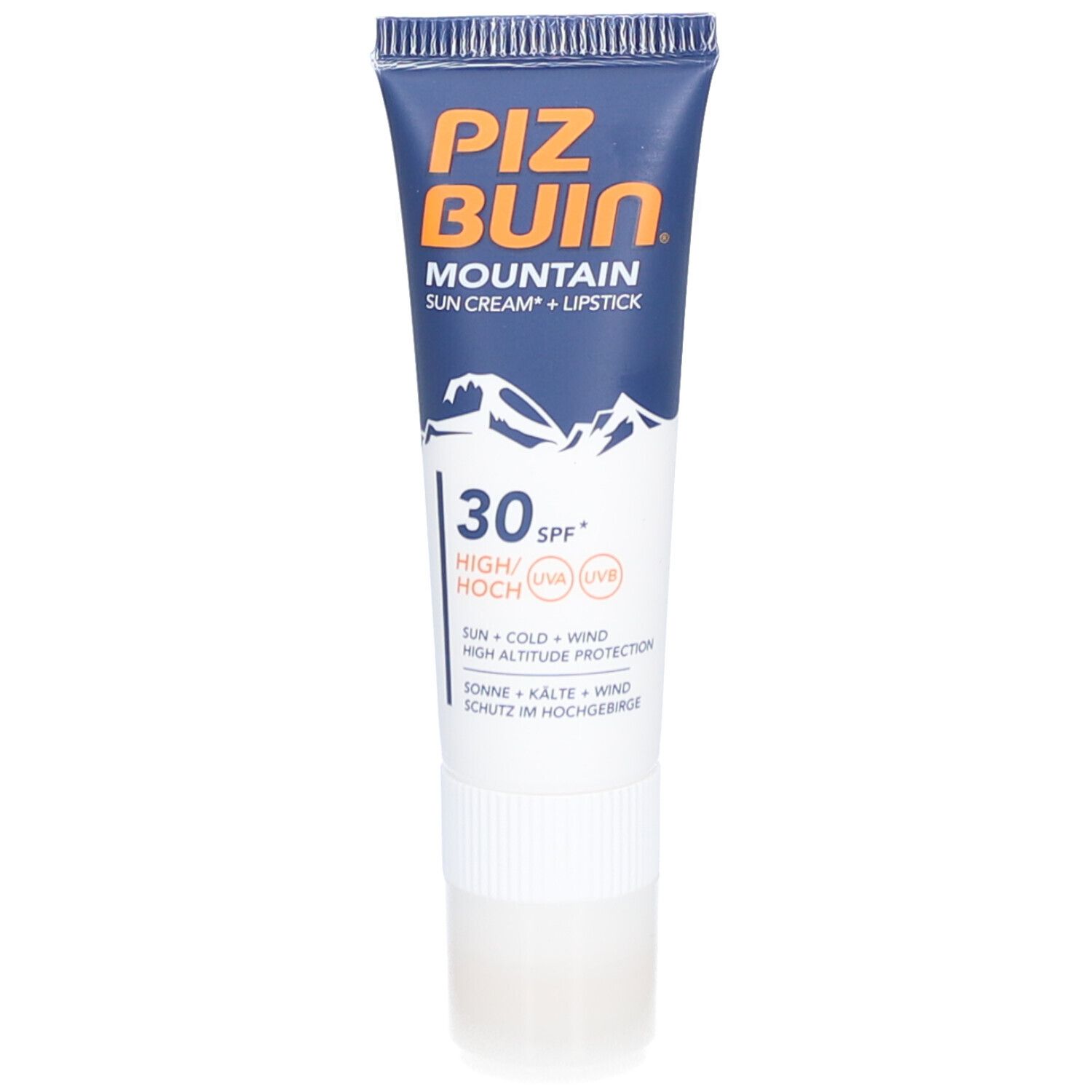 Piz Buin Mountain zonnecrème + lippenstift SPF 30. Blauwe tube, witte body. Bergmotief.