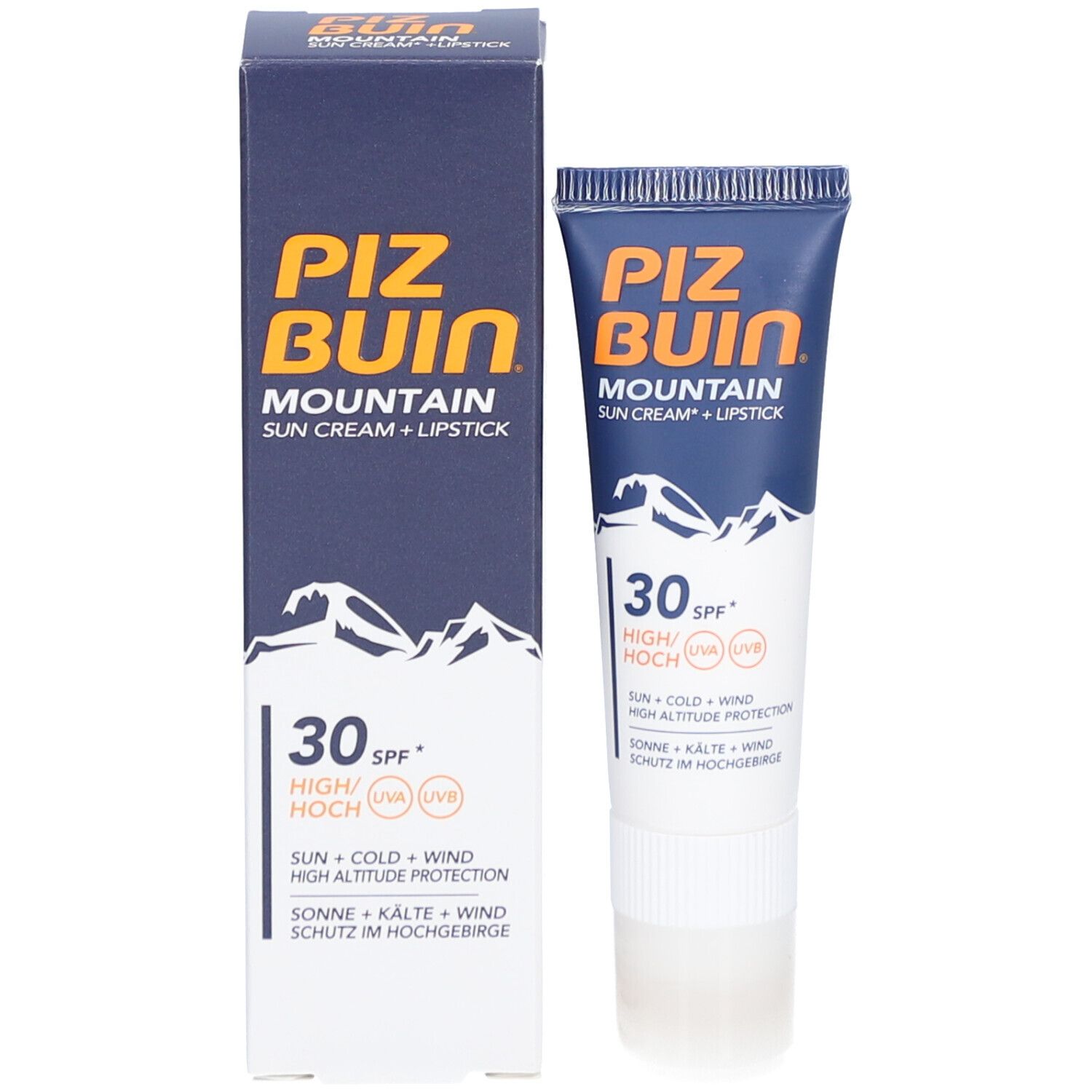 Piz Buin Mountain zonnecrème + lippenstift SPF 30. Tube en verpakking. Blauw, wit, bergmotief.