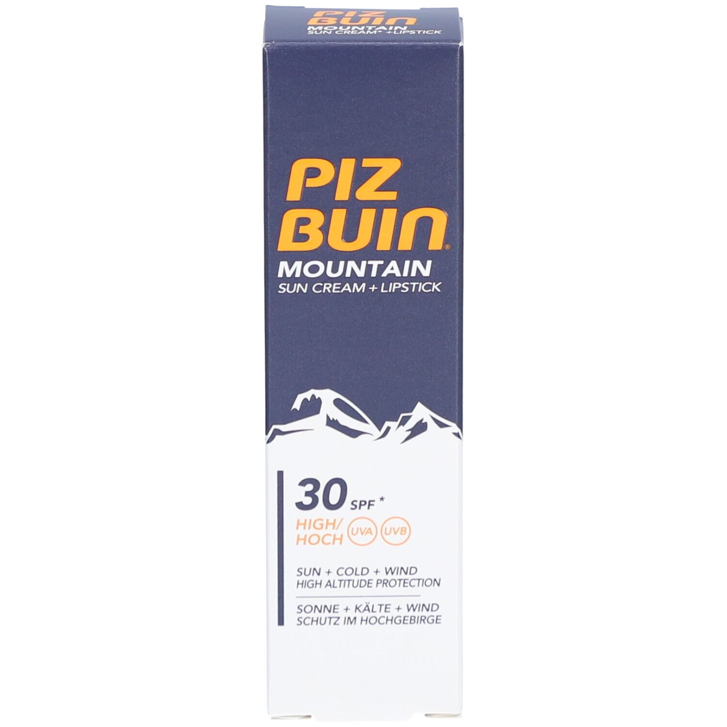 Verpakking van de Piz Buin Mountain zonnecrème + lippenstift SPF 30. Blauw, wit, bergmotief, tekst.