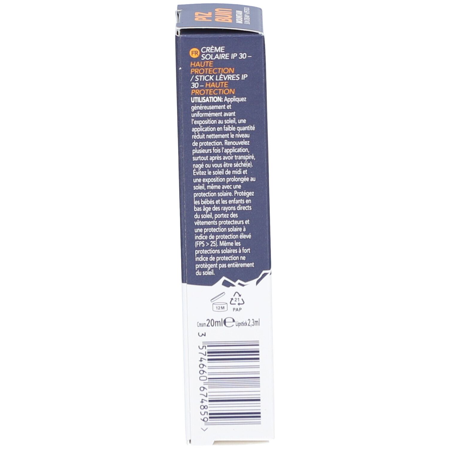 Achterkant van de verpakking van de Piz Buin Mountain zonnecrème. Tekst, ingrediënten, logo's, 20ml.