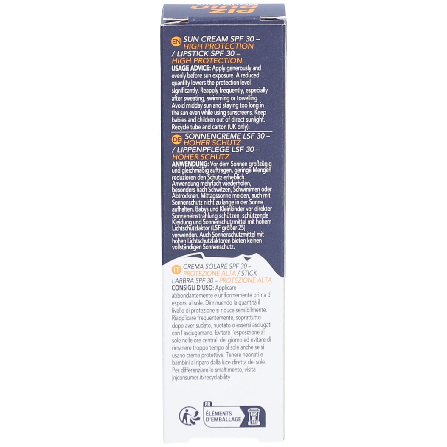 Verpakking van de Piz Buin Mountain zonnecrème. Tekst, ingrediënten, logo's, 20ml, SPF 30.