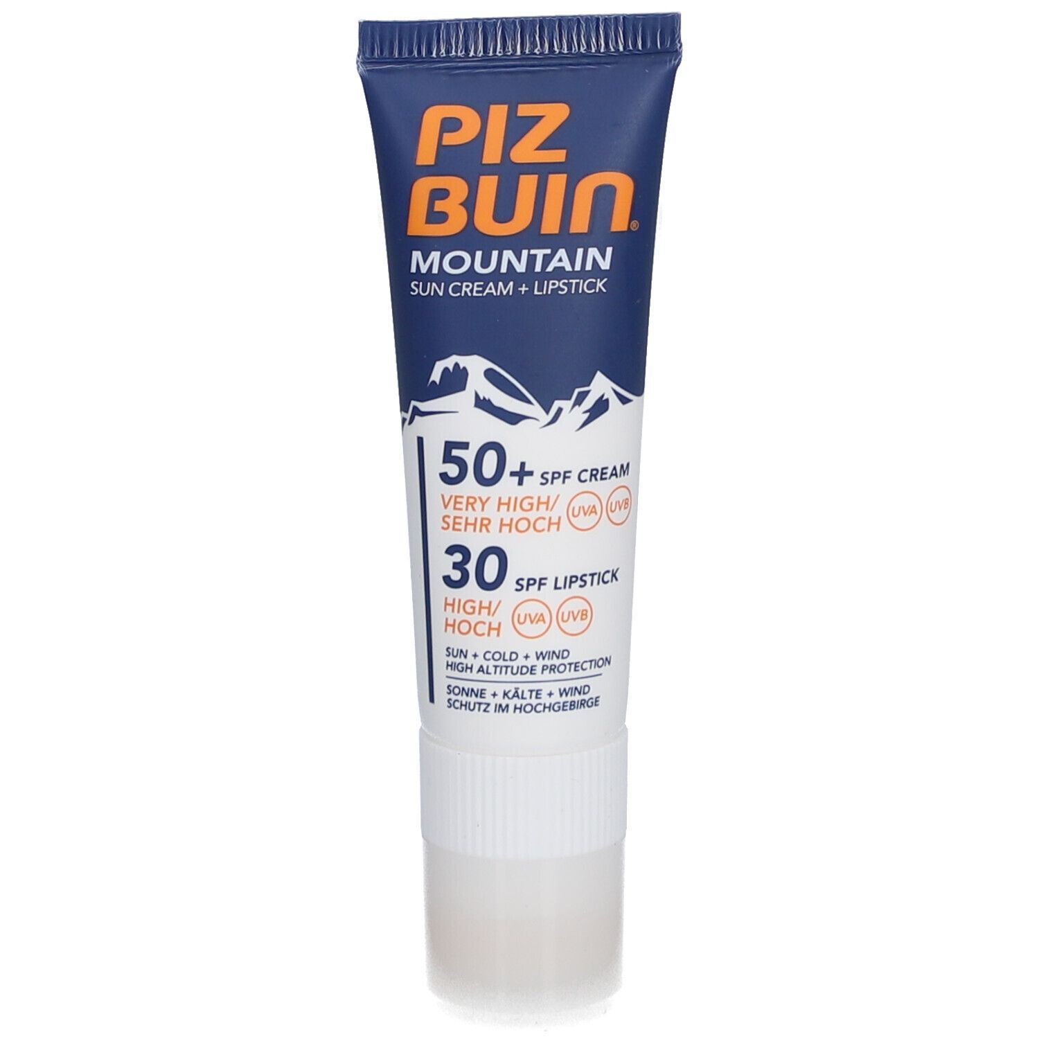 Blauw-witte tube met zonnecrème en lippenstift. Opschrift: Piz Buin Mountain, SPF 50+ en SPF 30.
