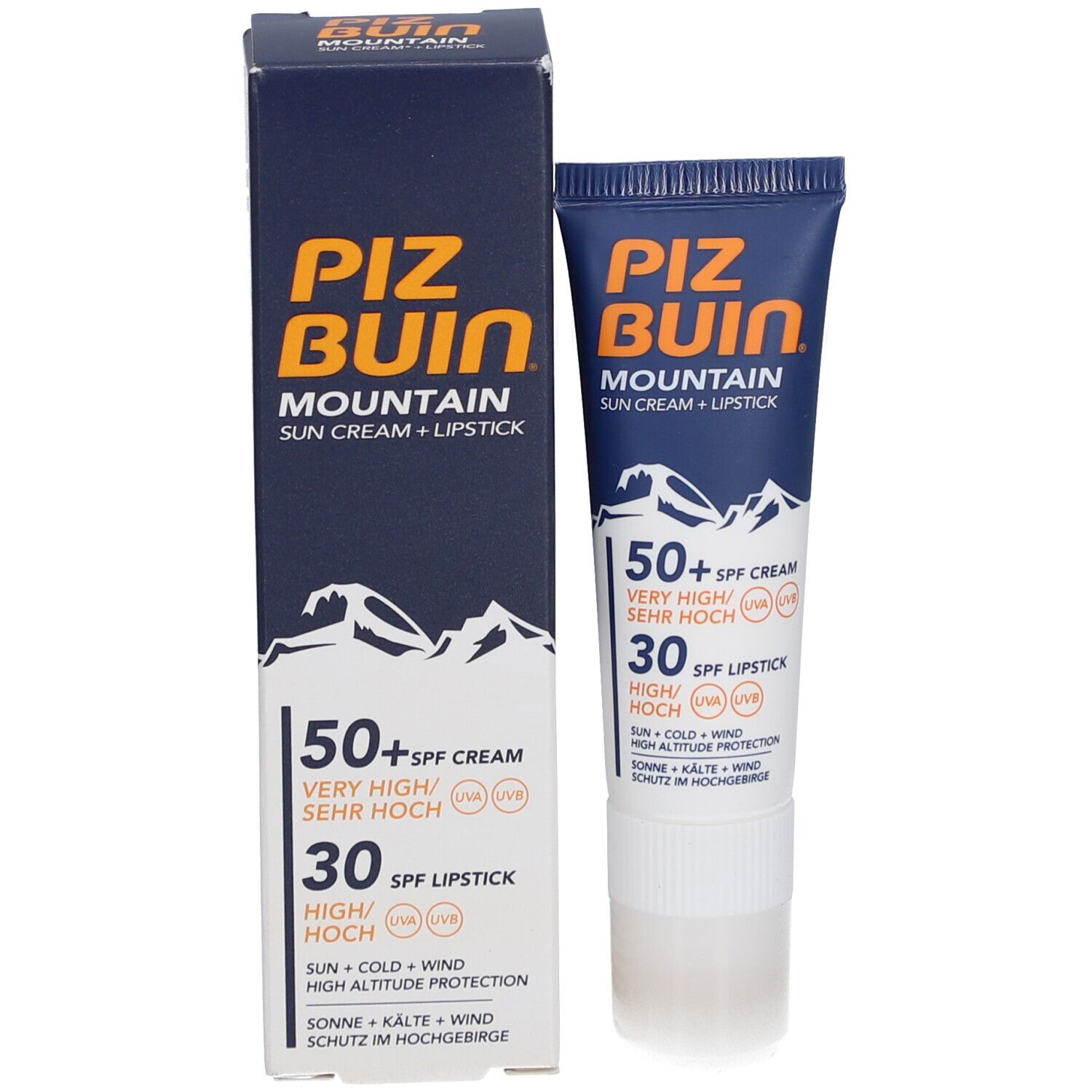 Productverpakking met tube. Opschrift: Piz Buin Mountain, SPF 50+ en SPF 30. Met berg-afbeelding.