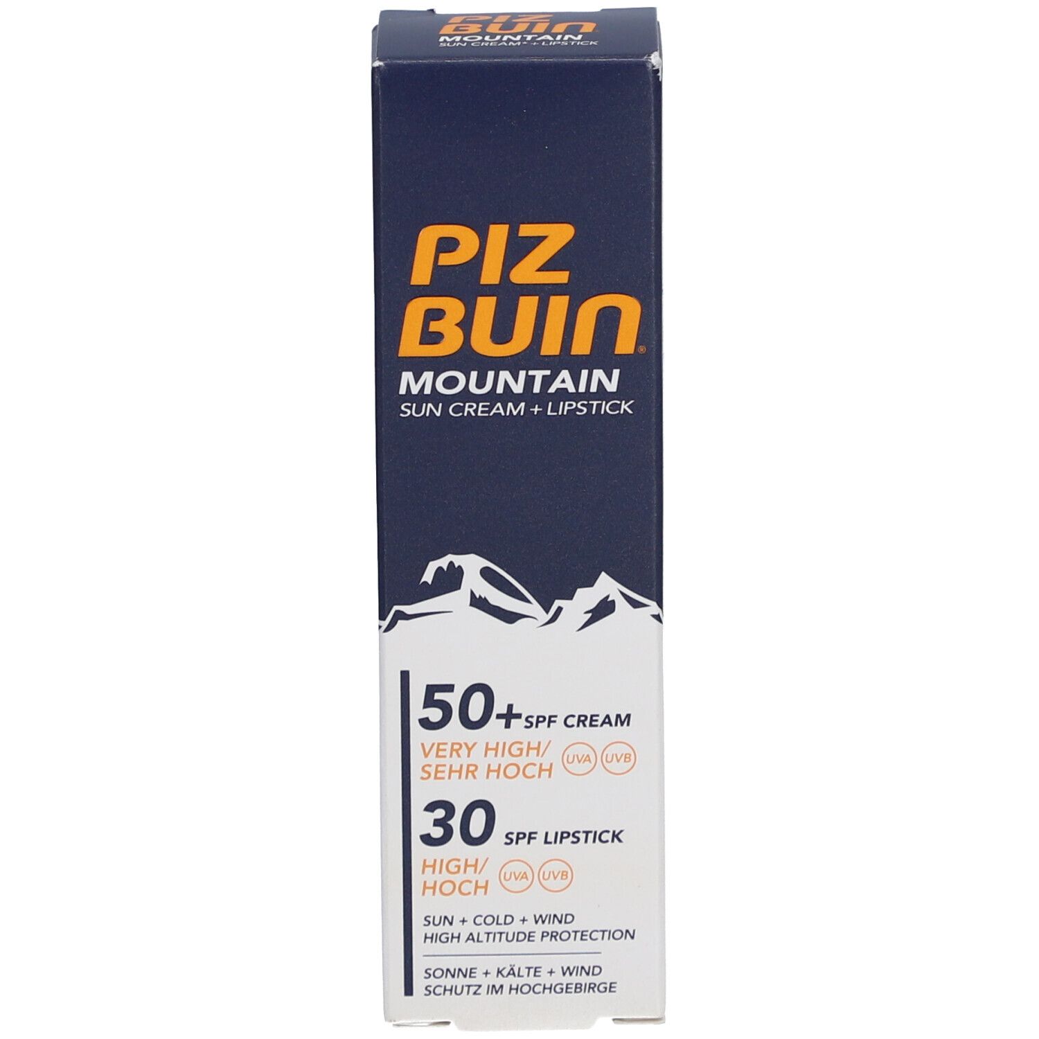 Productverpakking. Opschrift: Piz Buin Mountain, SPF 50+ en SPF 30. Met berg-afbeelding.