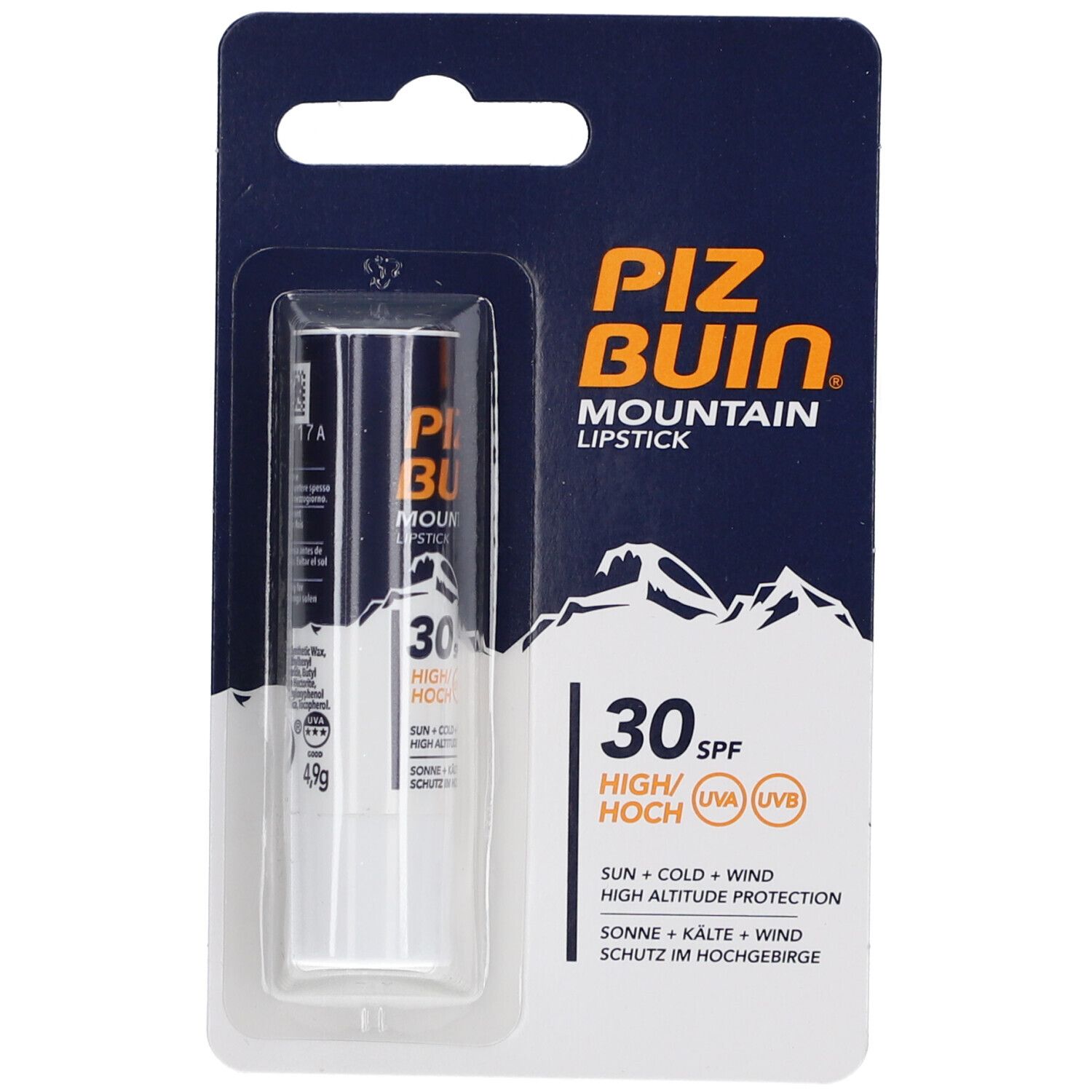 PIZ BUIN Mountain lippenstift. Zwarte verpakking met productafbeelding. 30 SPF, hoge bescherming tegen zon, kou en wind. 4,9g.