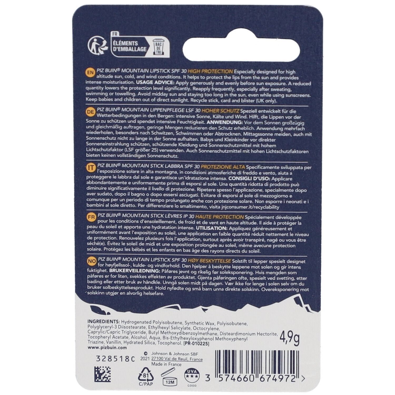 Achterkant van de PIZ BUIN Mountain lippenstift verpakking. Meertalige tekst. Bevat ingrediënten en fabrikant informatie. 4,9g.