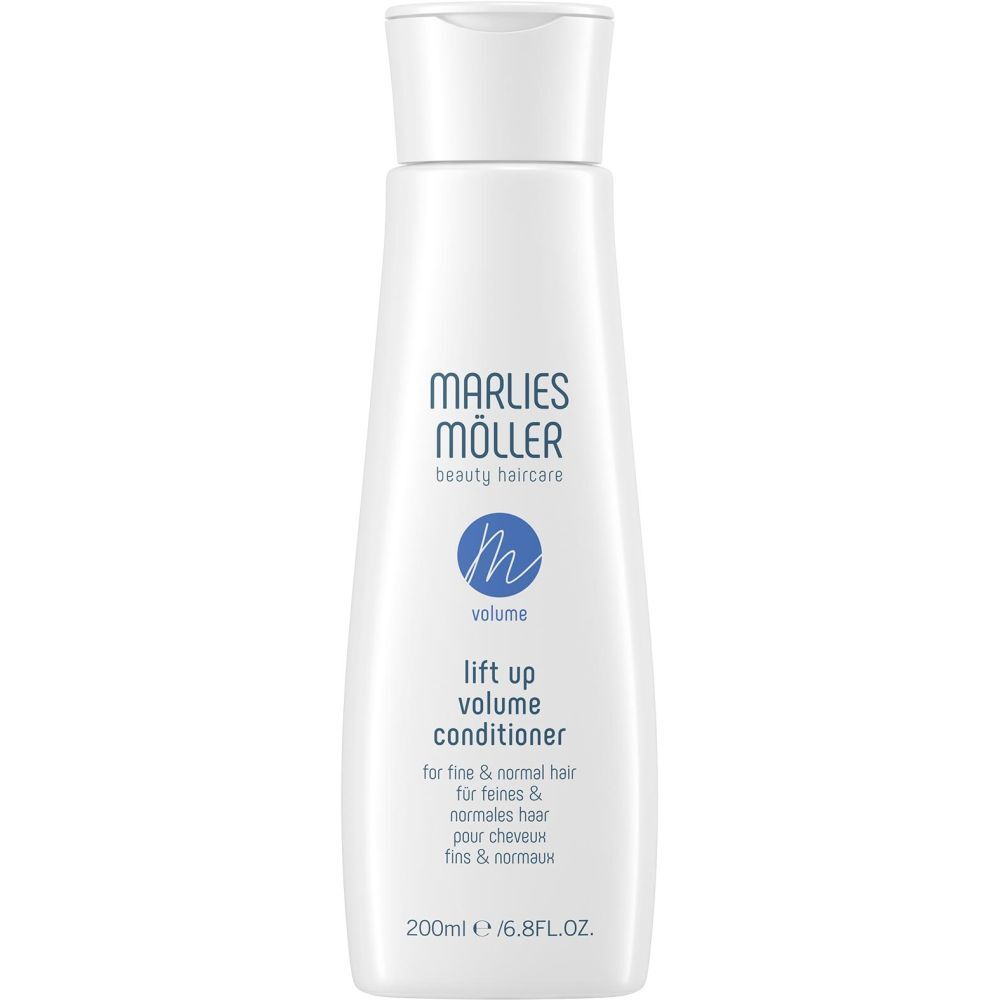 Witte fles Marlies Möller Volume Conditioner. Blauwe tekst. 200ml. Voor fijn en normaal haar.