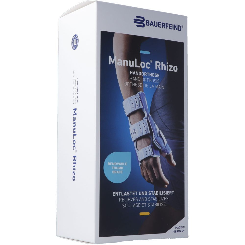 Productverpakking met Manuloc Rhizo handorthese. Merk Bauerfeind. Bevat een blauw-grijze handorthese.