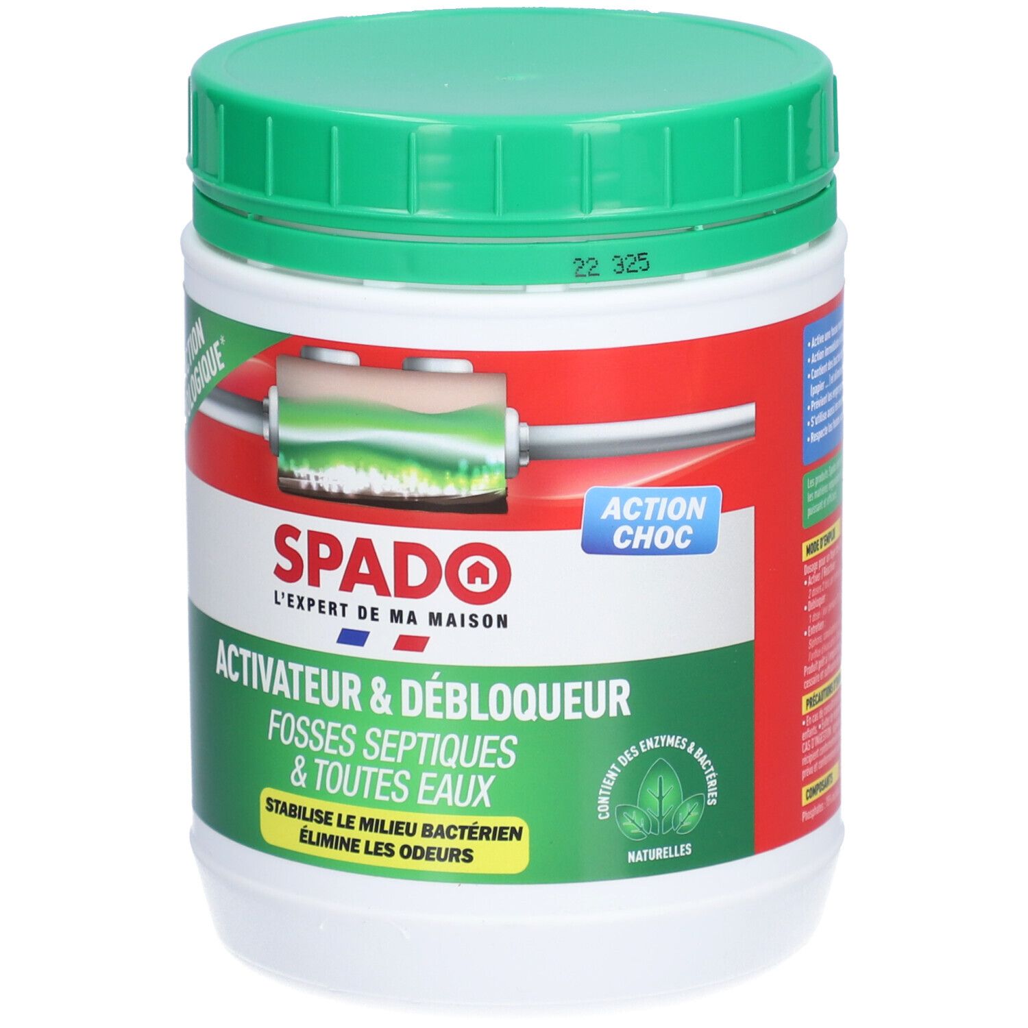 Pot vert et blanc. Inscription SPADO, Activateur & Débloqueur. Pour fosses septiques & toutes eaux. Éléments rouges et verts.