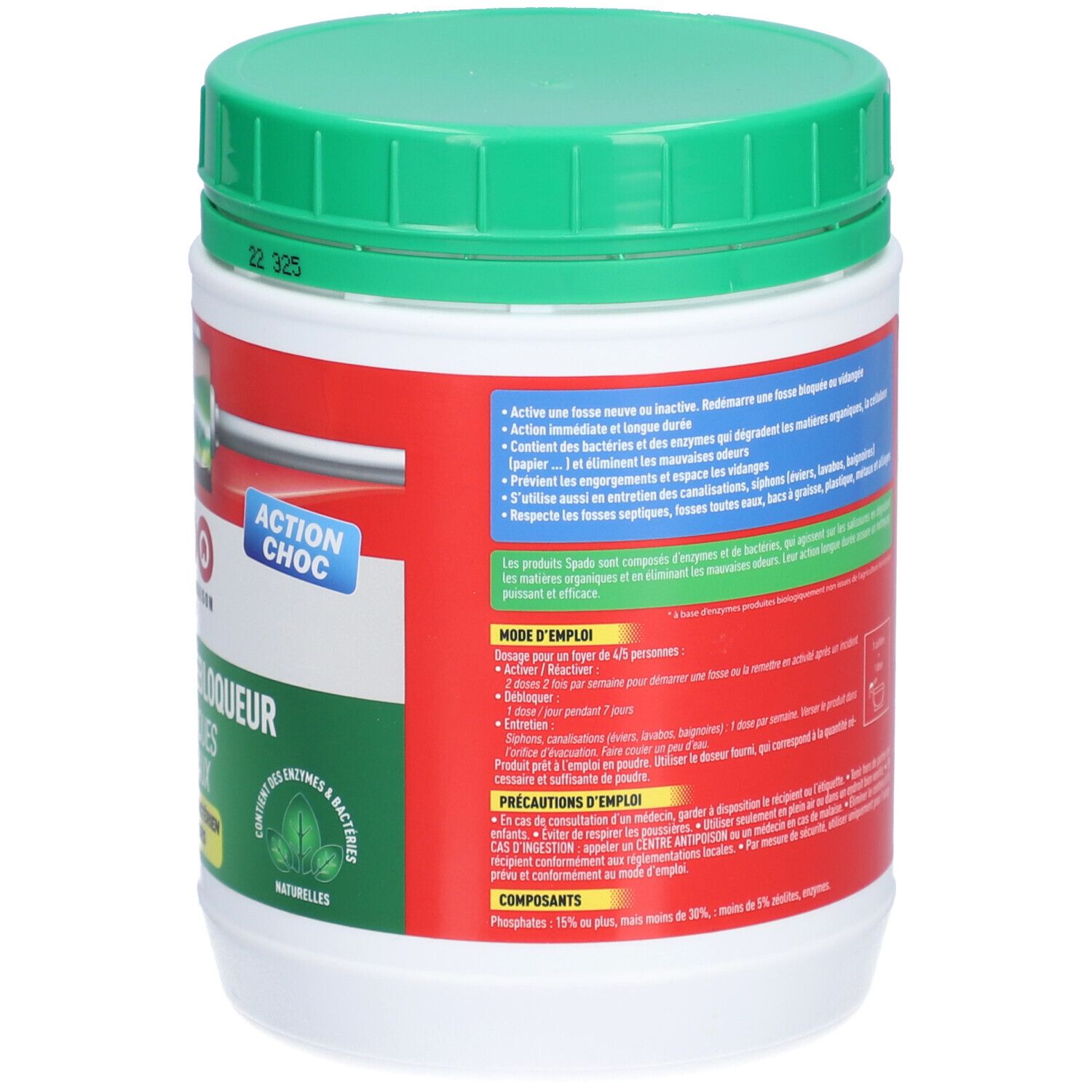 Dos du pot. Contient des informations sur l'utilisation et le dosage. Contient des enzymes et des bactéries. Éléments verts et rouges.