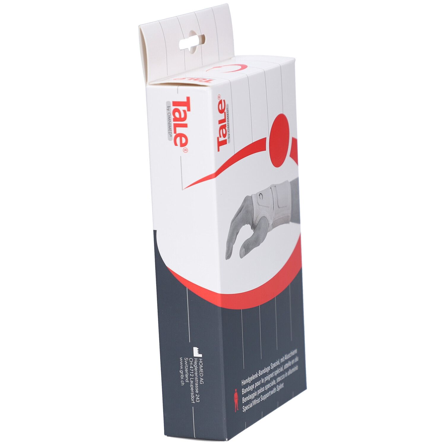 Vue latérale de l'emballage de l'attelle de poignet. Affiche le logo Tale et les informations sur le produit. Blanc, rouge et gris.