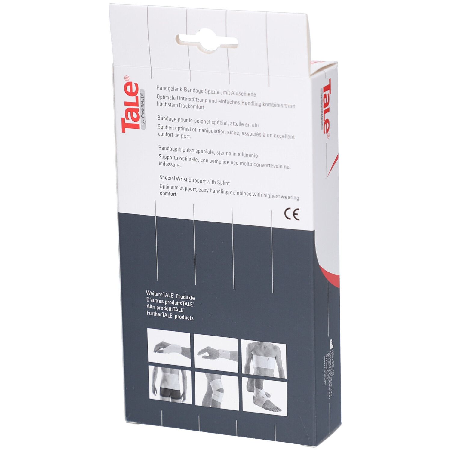 Dos de l'emballage de l'attelle de poignet. Texte: Tale, informations sur le produit, marquage CE. Plusieurs exemples d'utilisation.