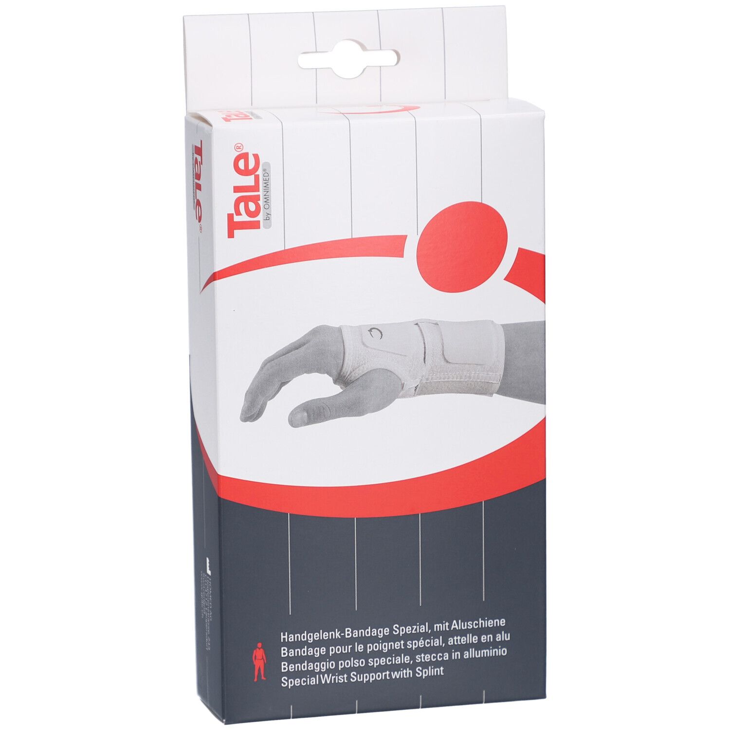 Emballage de l'attelle de poignet spéciale avec attelle en aluminium. Modèle de main avec bandage. Texte: Tale, attelle de poignet spéciale.