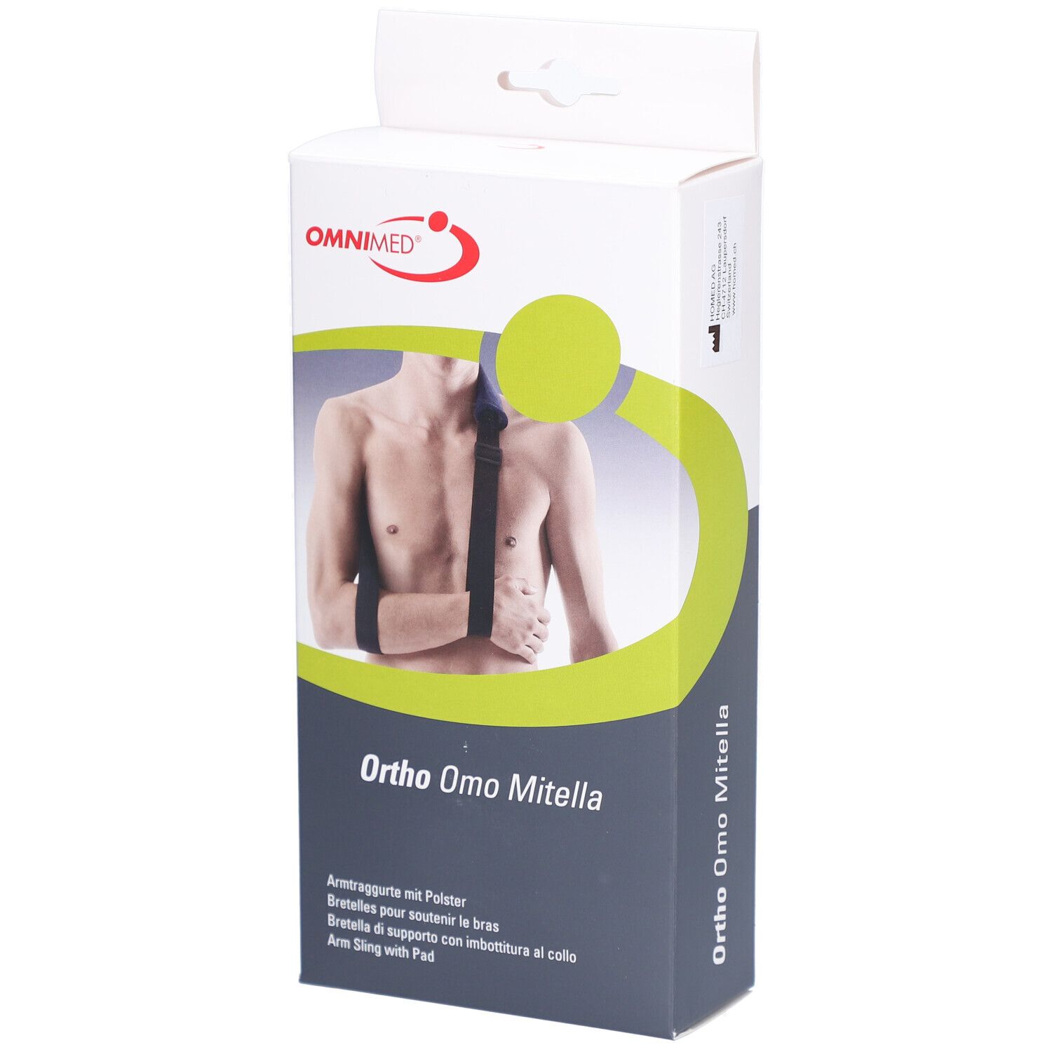 Emballage Omnimed Ortho Omo Mitella. Vue de face avec illustration du produit. Texte : Ortho Omo Mitella, écharpe de bras avec coussin.